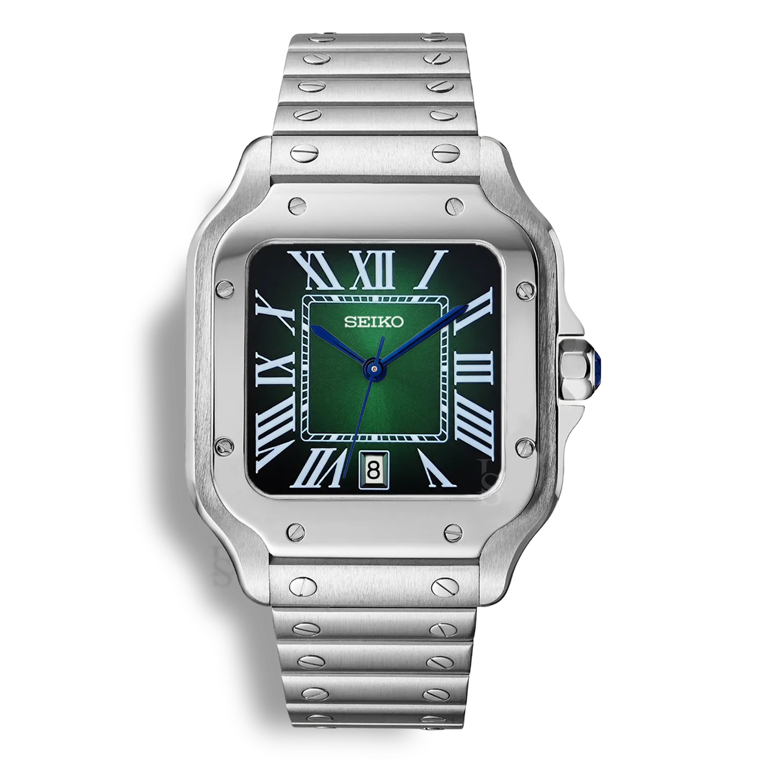 Montre SeikoMod Santos cadran vert carré soleillé avec affichage de la date et aiguilles santos
