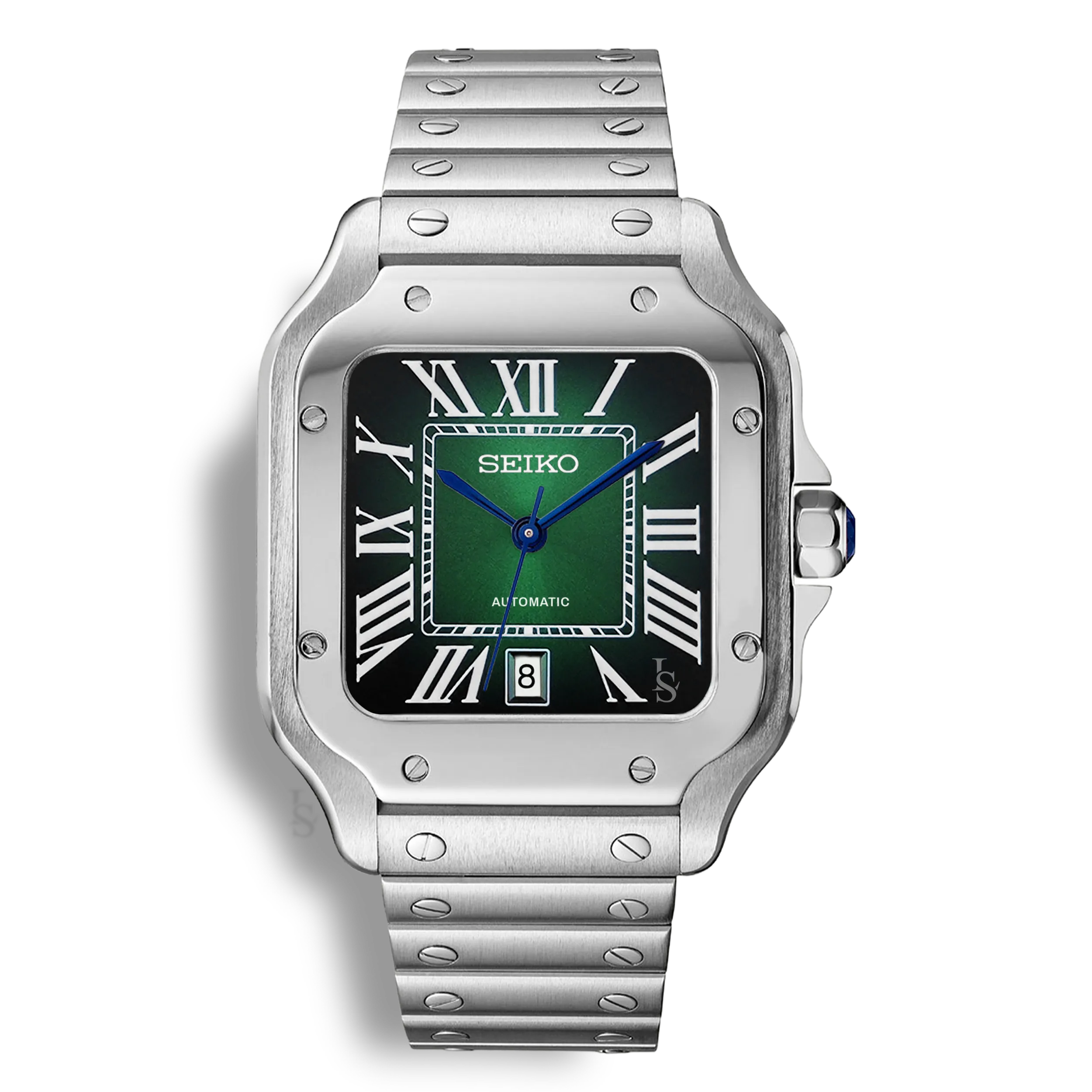 Montre SeikoMod Santos cadran vert carré soleillé avec affichage de la date et aiguilles santos