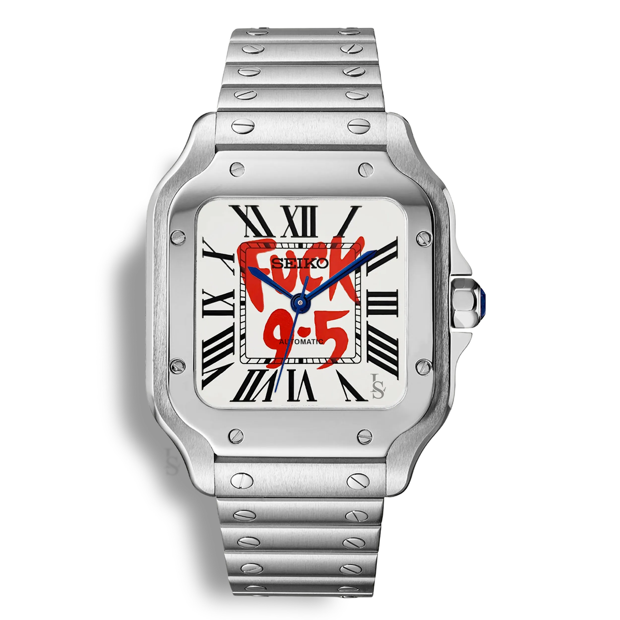 Montre SeikoMod Santos Fuck 9.5 cadran blanc slogan rouge et bleu, boîtier acier 316L et bracelet intégré