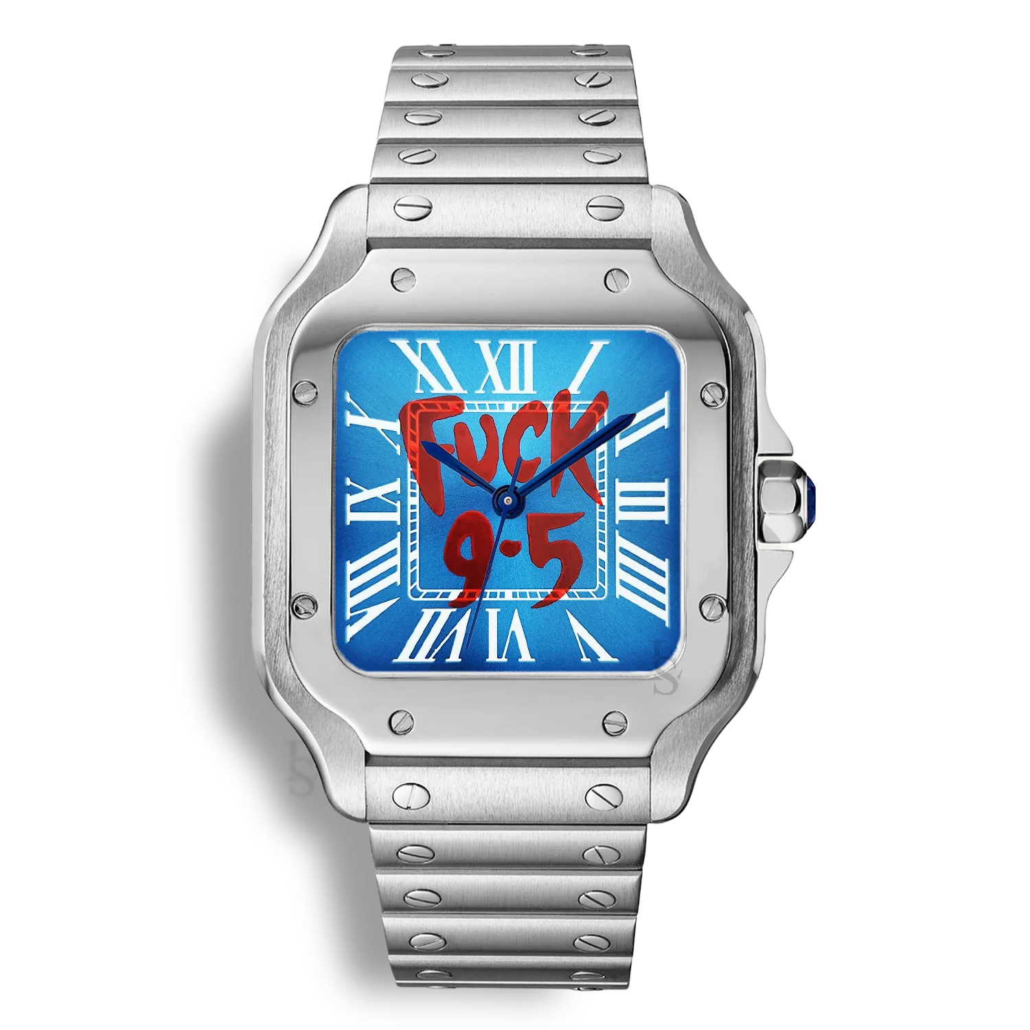 Montre SeikoMod Santos Fuck 9.5 cadran bleu vif avec slogan rouge, boîtier carré en acier inoxydable et finition soignée