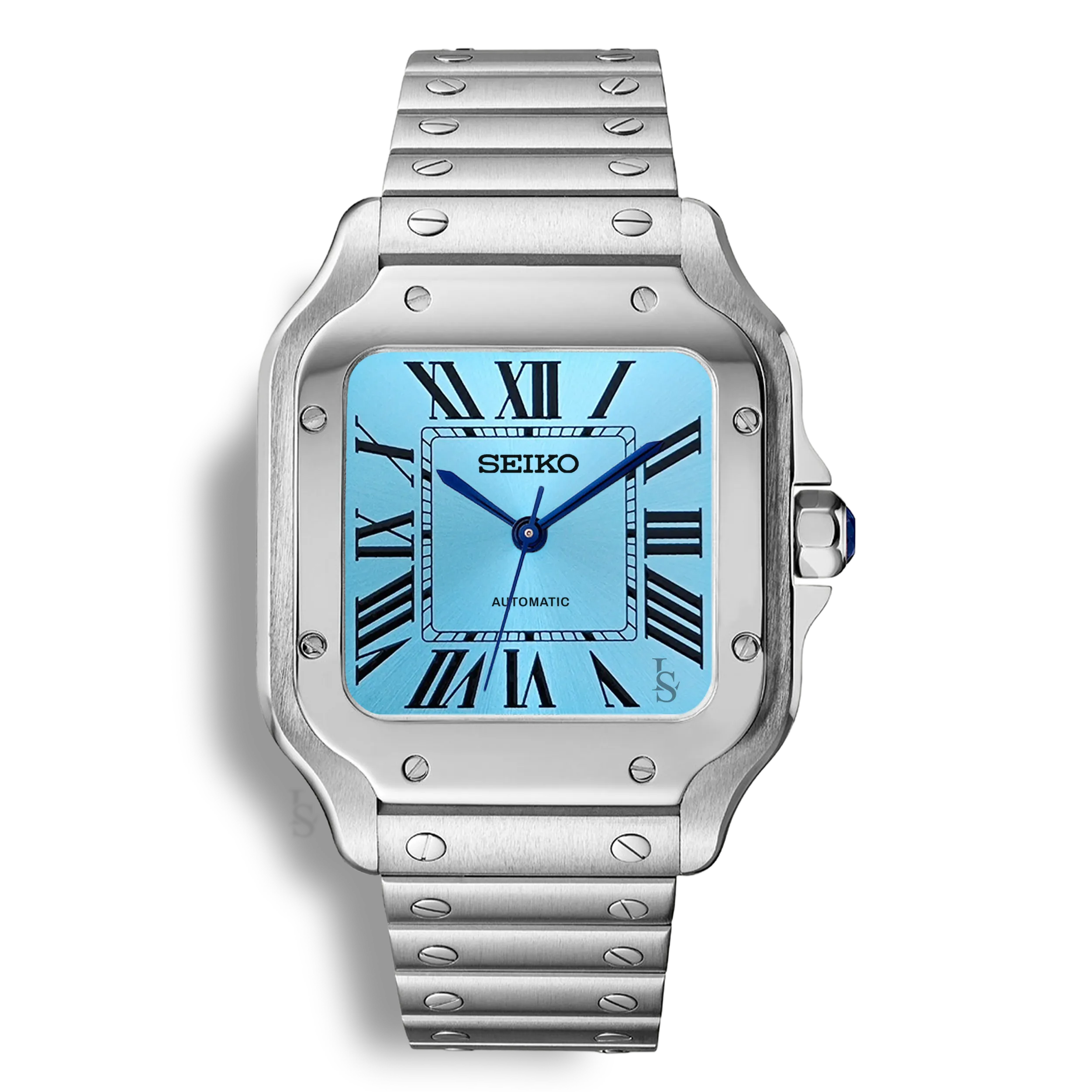 Montre SeikoMod Santos Fuck 9.5 cadran bleu vif avec slogan rouge, boîtier carré en acier inoxydable et finition soignée
