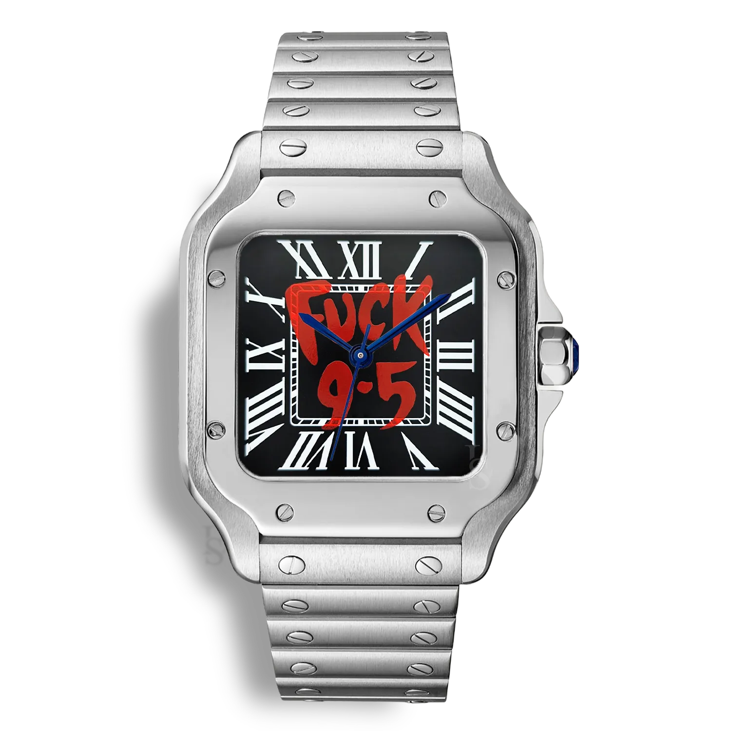 Montre SeikoMod Santos Fuck 9.5 cadran noir avec inscription rouge, fond transparent et aiguilles bleues glaive