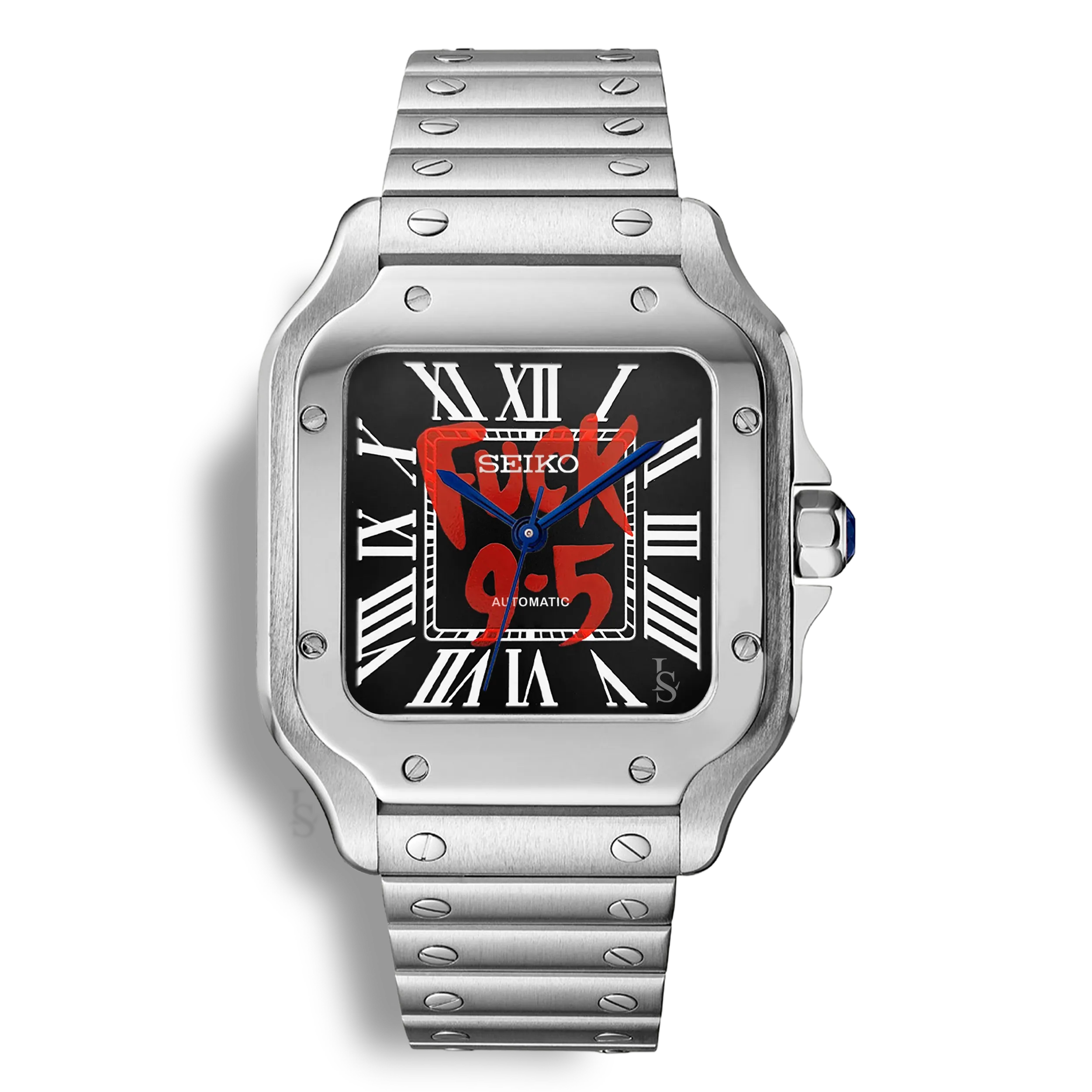 Montre SeikoMod Santos Fuck 9.5 cadran noir avec inscription rouge, fond transparent et aiguilles bleues glaive