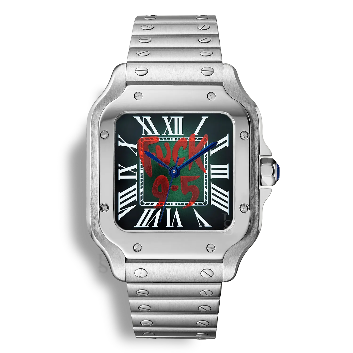 Montre SeikoMod Santos Fuck 9.5 cadran vert avec texte rouge, bracelet Santos intégré et style horloger affirmé