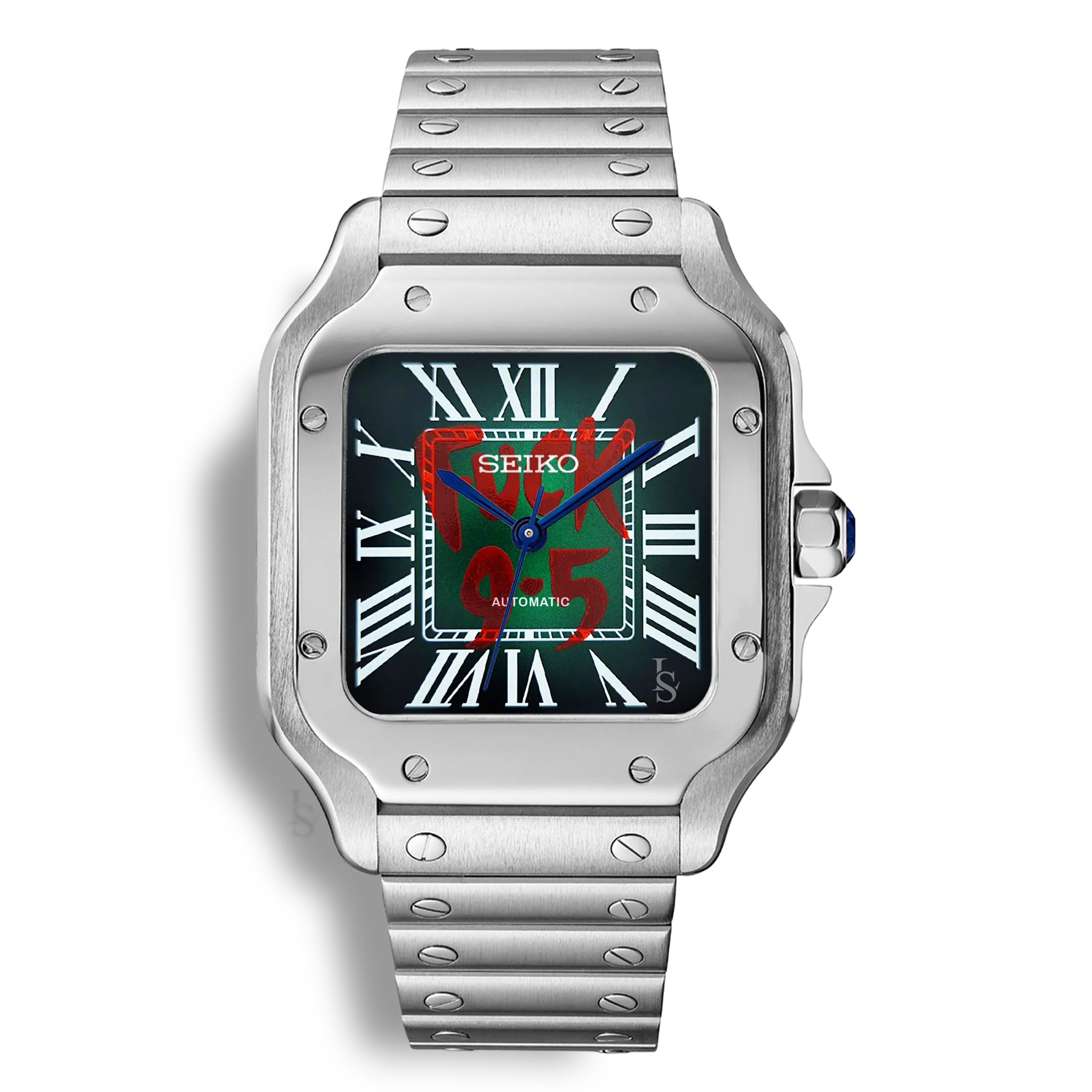 Montre SeikoMod Santos Fuck 9.5 cadran vert avec texte rouge, bracelet Santos intégré et style horloger affirmé