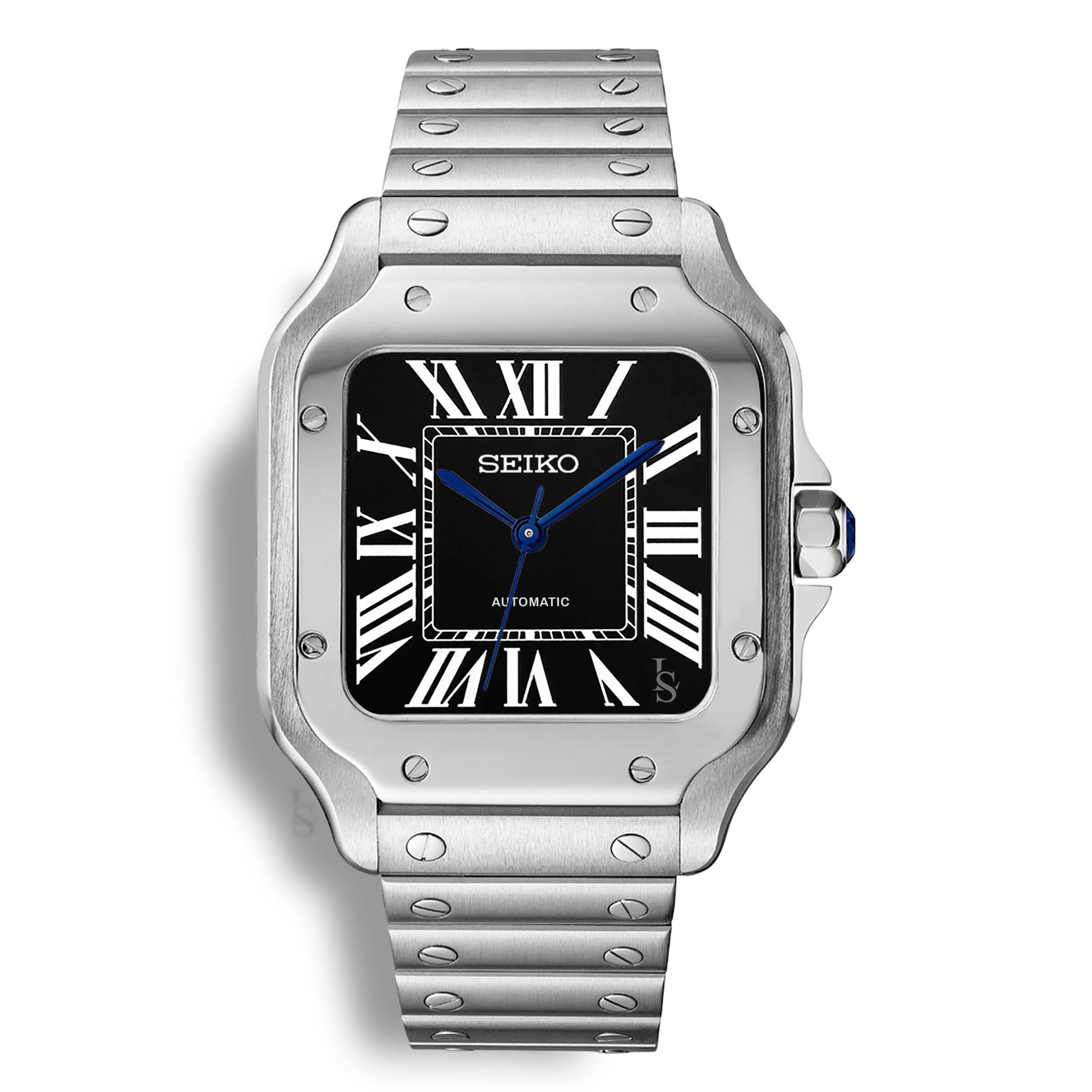 Montre SeikoMod Santos cadran noir avec aiguilles glaive bleues