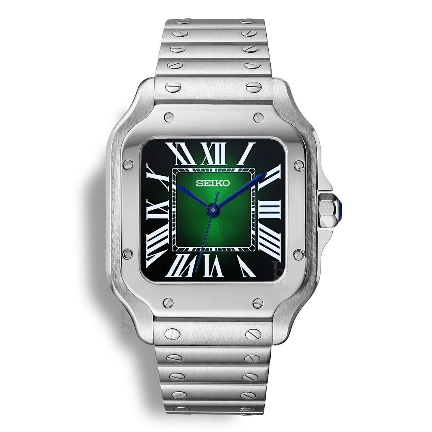 Montre SeikoMod Santos cadran vert carré soleillé avec aiguilles glaive bleues