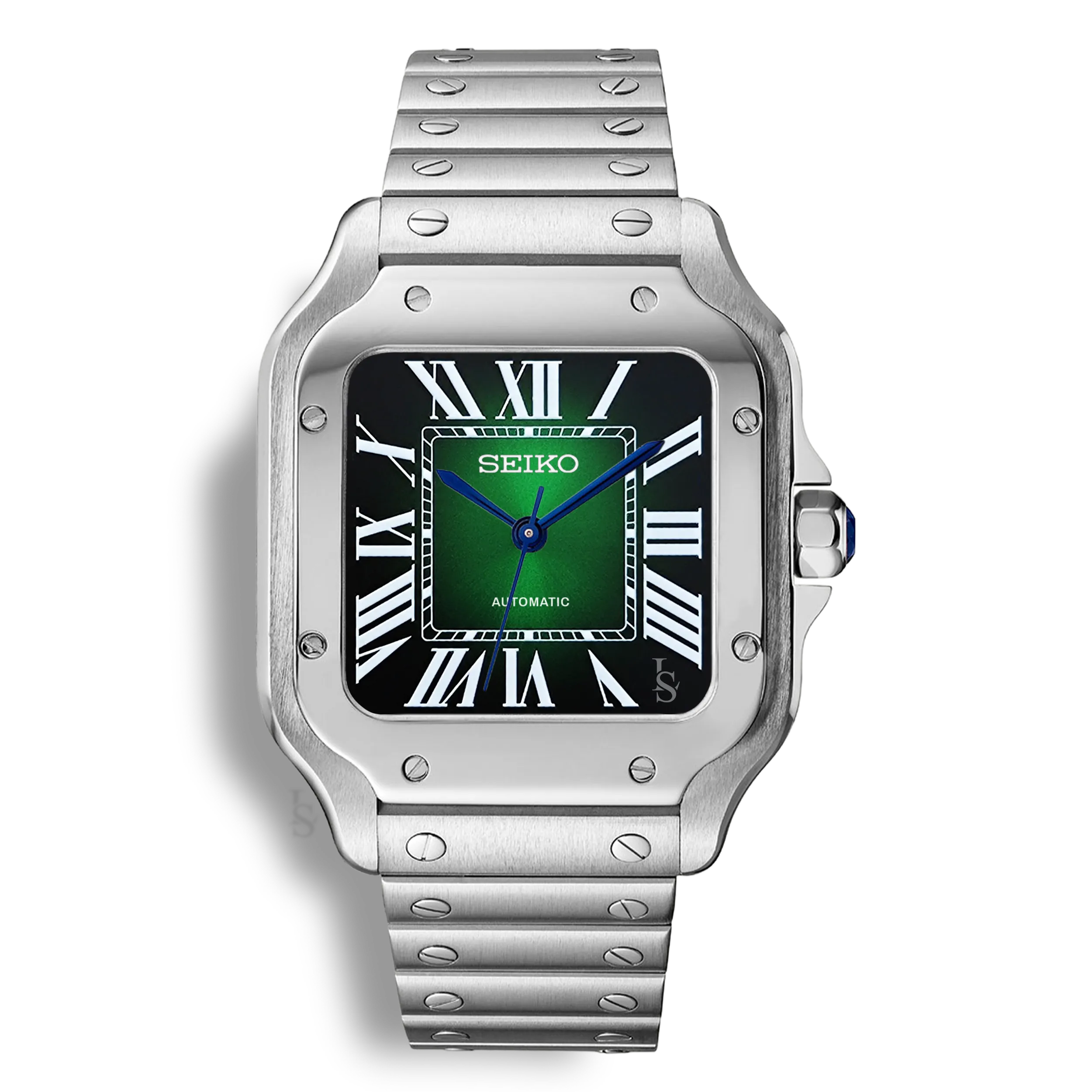 Montre SeikoMod Santos cadran vert carré soleillé avec aiguilles glaive bleues