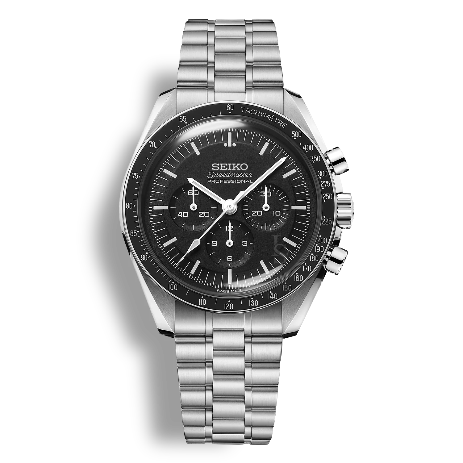 Montre SeikoMod Speedmaster avec cadran noir sport équipé de 3 chronographes et bracelet et boitier en acier