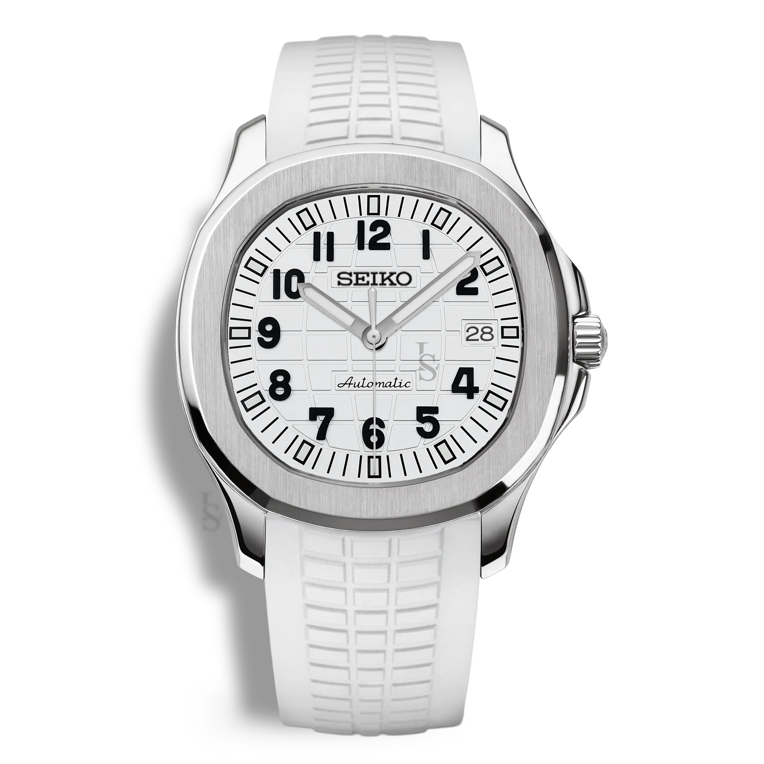 Montre Seiko Mod Aquanaut Blanche équipée du mouvement automatique Seiko NH35, avec un cadran blanc et un bracelet en caoutchouc blanc, pour une allure sobre, technique et contemporaine.