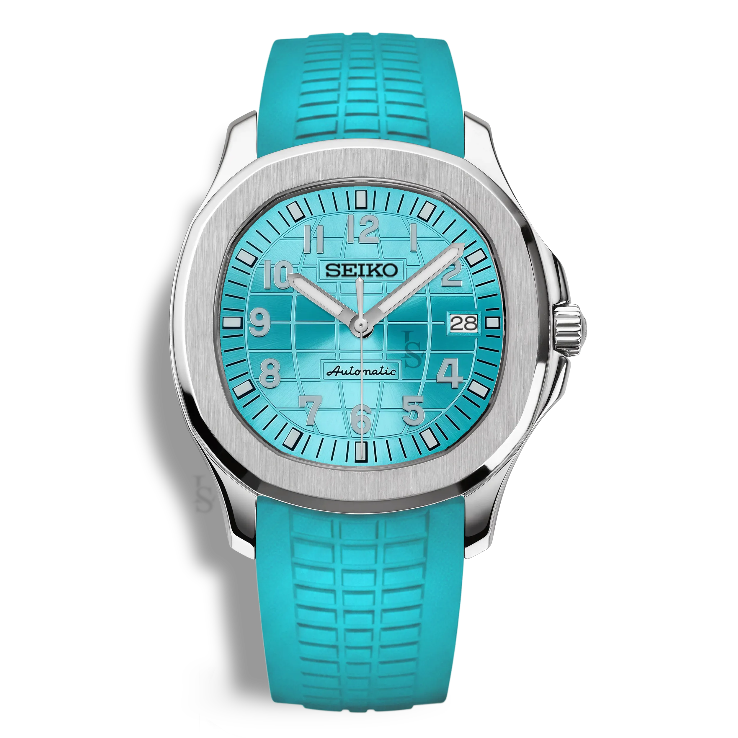 Montre Seiko Mod Aquanaut Bleu Tiffany équipée du mouvement automatique Seiko NH35, dotée d’un cadran bleu clair/turquoise à motif et d’un bracelet caoutchouc bleu clair assorti, inspirée d’un design horloger emblématique.