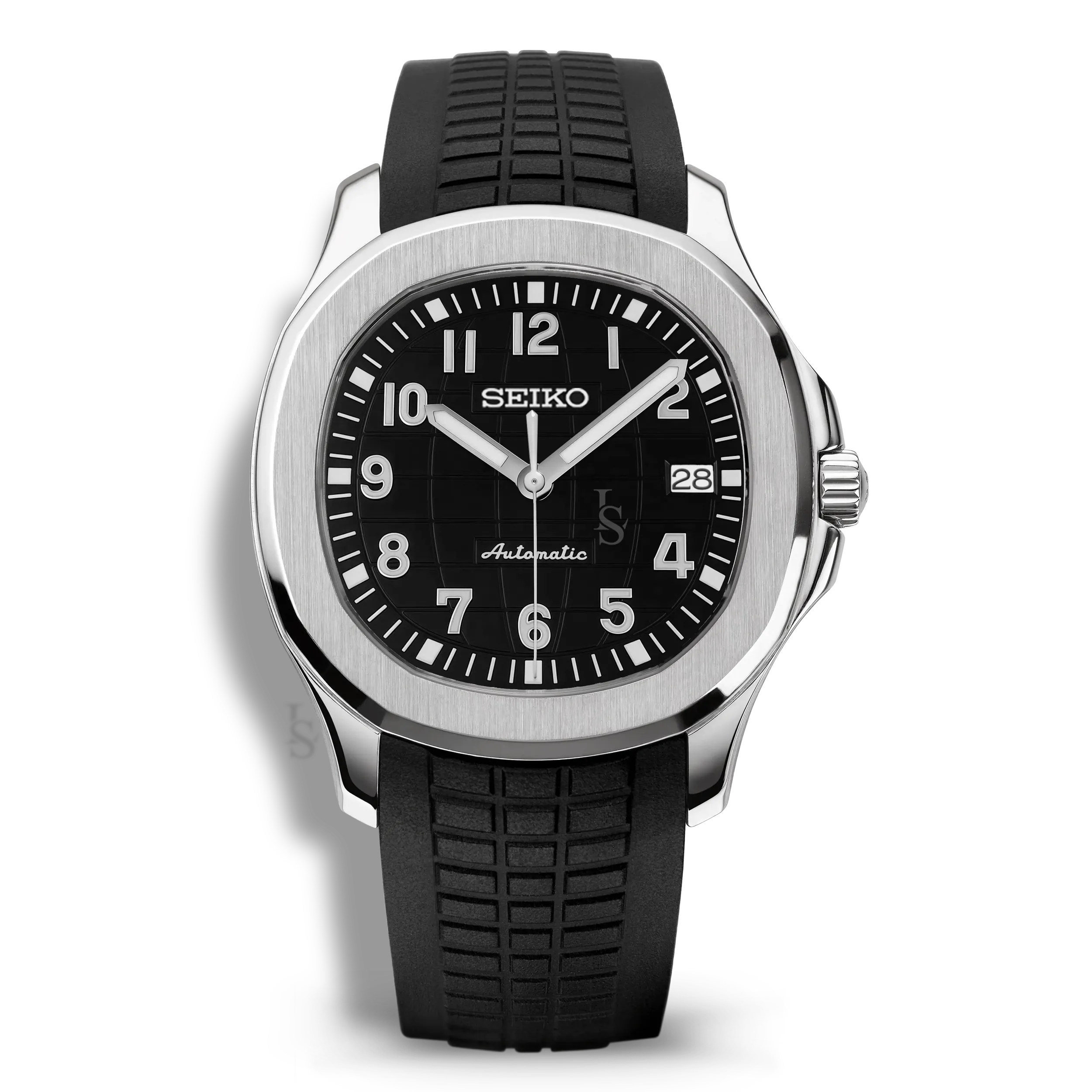 Montre Seiko Mod Aquanaut Noir équipée du mouvement automatique Seiko NH35, avec un cadran noir texturé à motif quadrillé et un bracelet en caoutchouc noir, pour une allure sobre, technique et contemporaine.