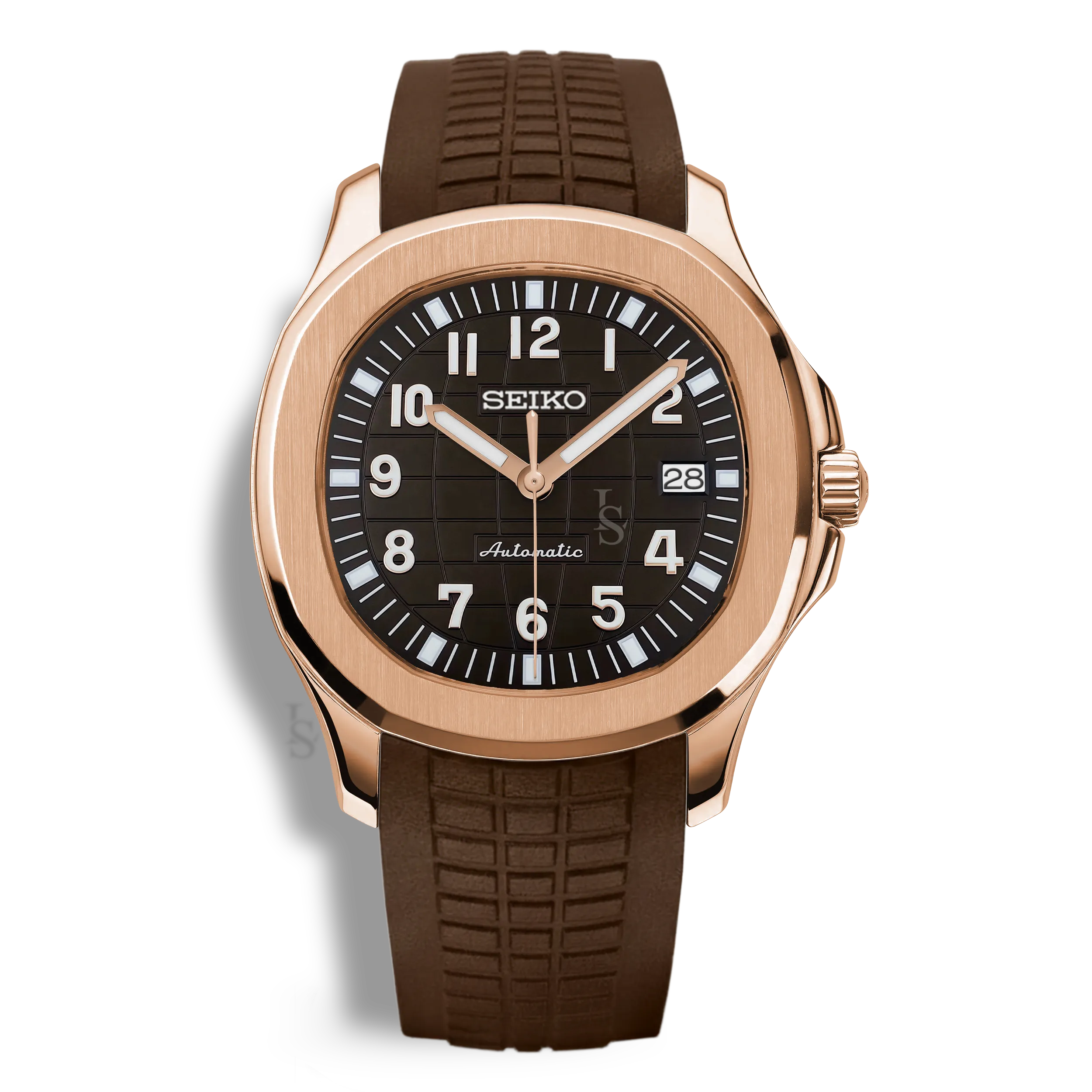 Montre Seiko Mod Aquanaut Or Rose équipée du mouvement automatique Seiko NH35, avec un cadran marron texturé, un boîtier en or rose et un bracelet en caoutchouc marron assorti pour une esthétique chaleureuse et élégante.