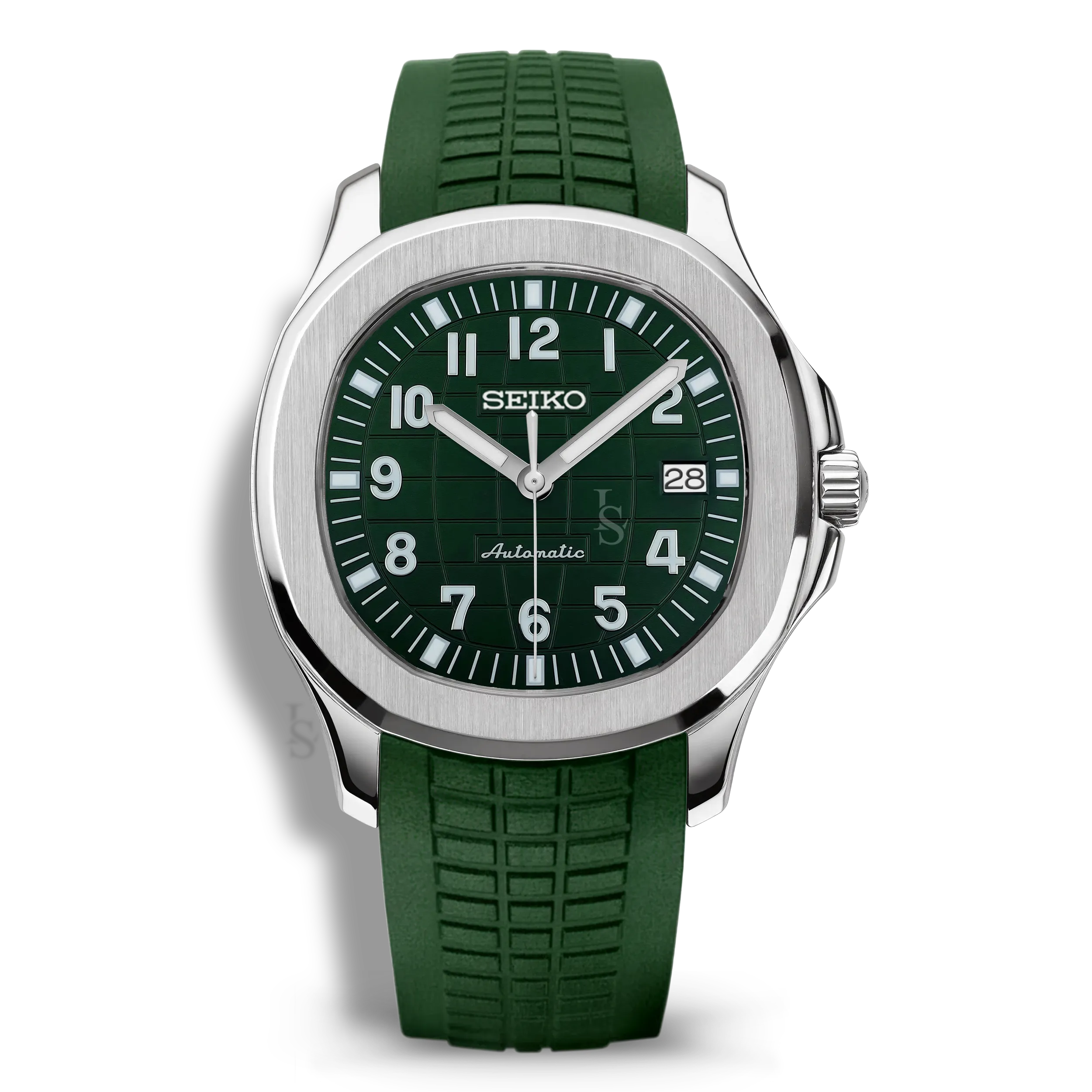 Montre Seiko Mod Aquanaut Vert équipée du mouvement automatique Seiko NH35, avec un cadran vert forêt texturé et un bracelet en caoutchouc vert foncé, offrant une allure raffinée et contemporaine.