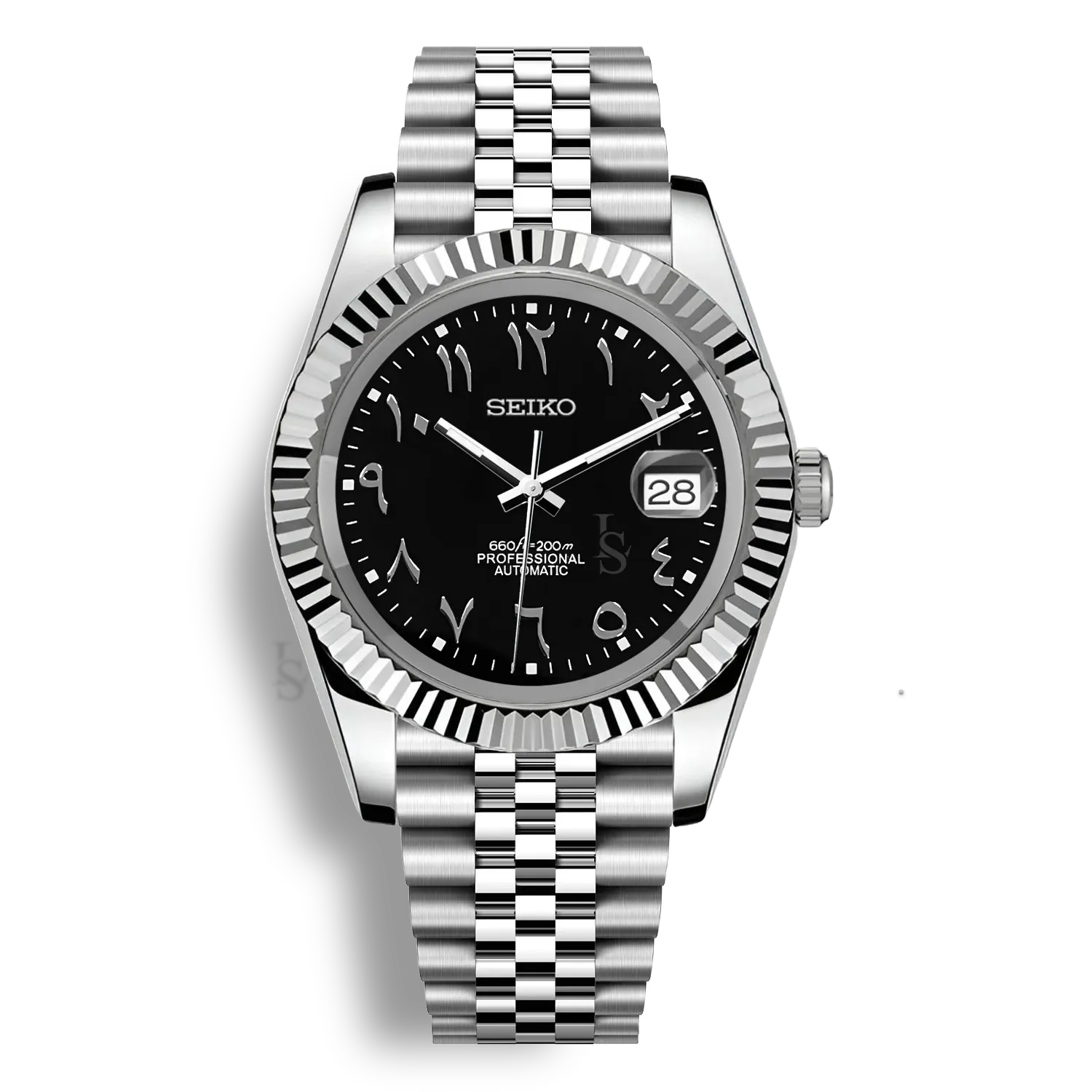 Montre Seiko Mod Arabic Dial Professionnal Noire équipée du mouvement automatique Seiko NH35 avec un cadran noir brillant à chiffres arabes et bracelet et boitier en acier inoxydable