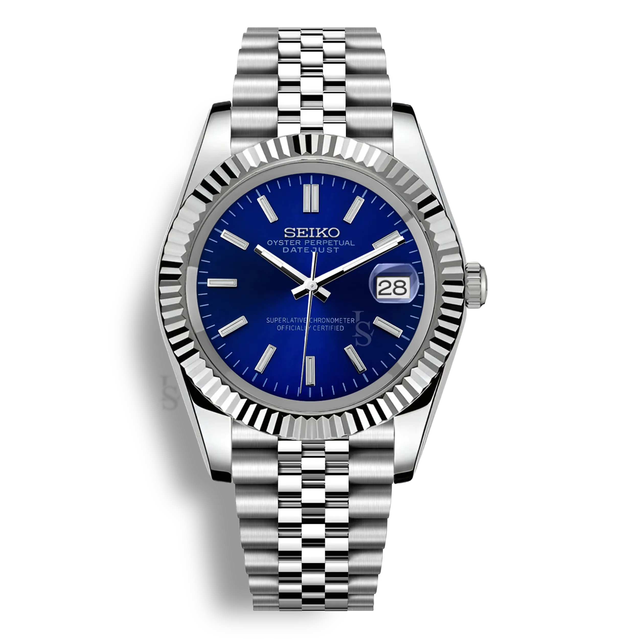Montre Seiko Mod Datejust bleu royal en acier inoxydable 316L avec mouvement automatique Seiko NH35, verre saphir et cadran luminescent