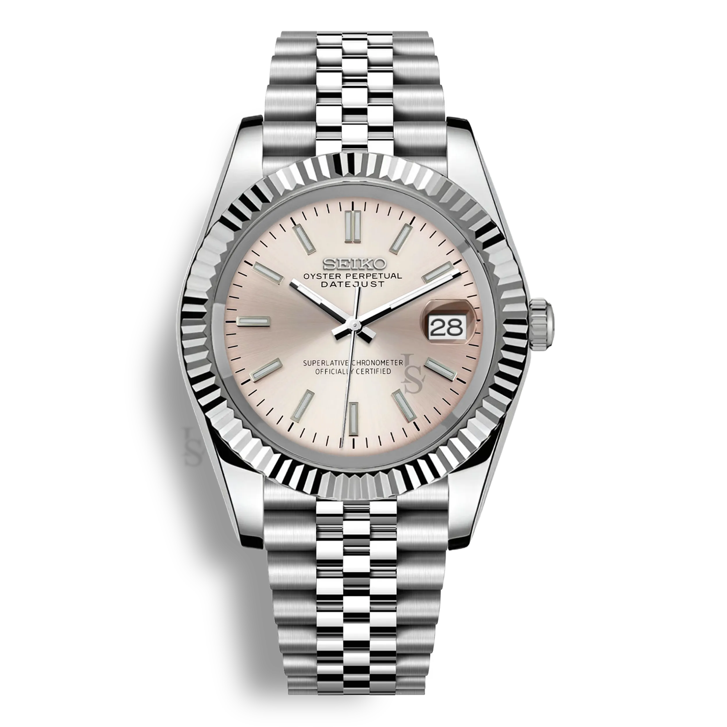 Montre Seiko Mod Datejust champagne en acier inoxydable 316L avec mouvement automatique Seiko NH35, verre saphir et cadran luminescent
