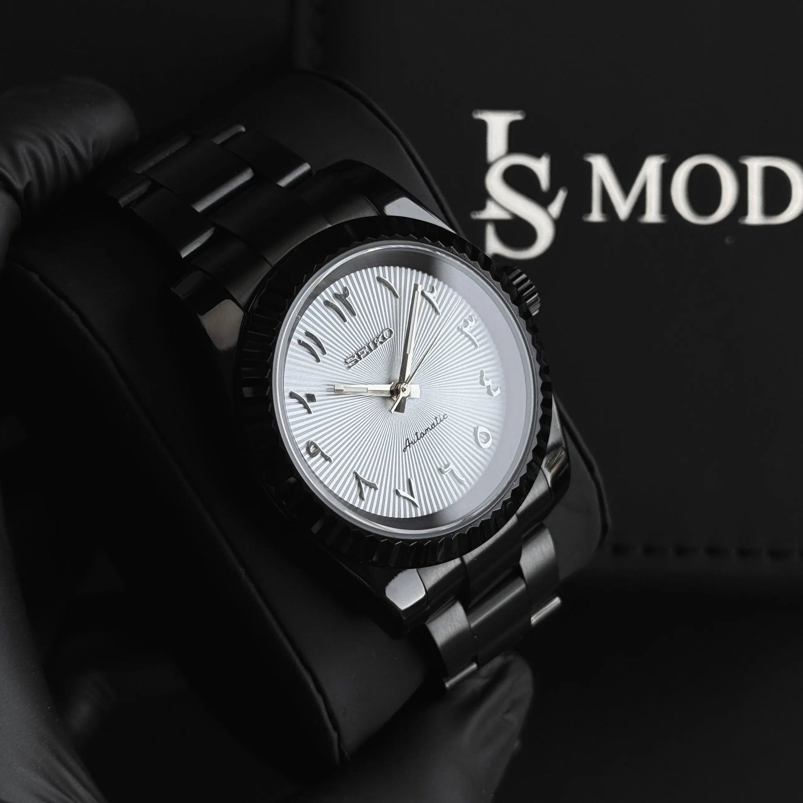 Seiko WatchMod Black Datejust white Arabic dial and Seiko NH35 automatic movement customized via the configurator