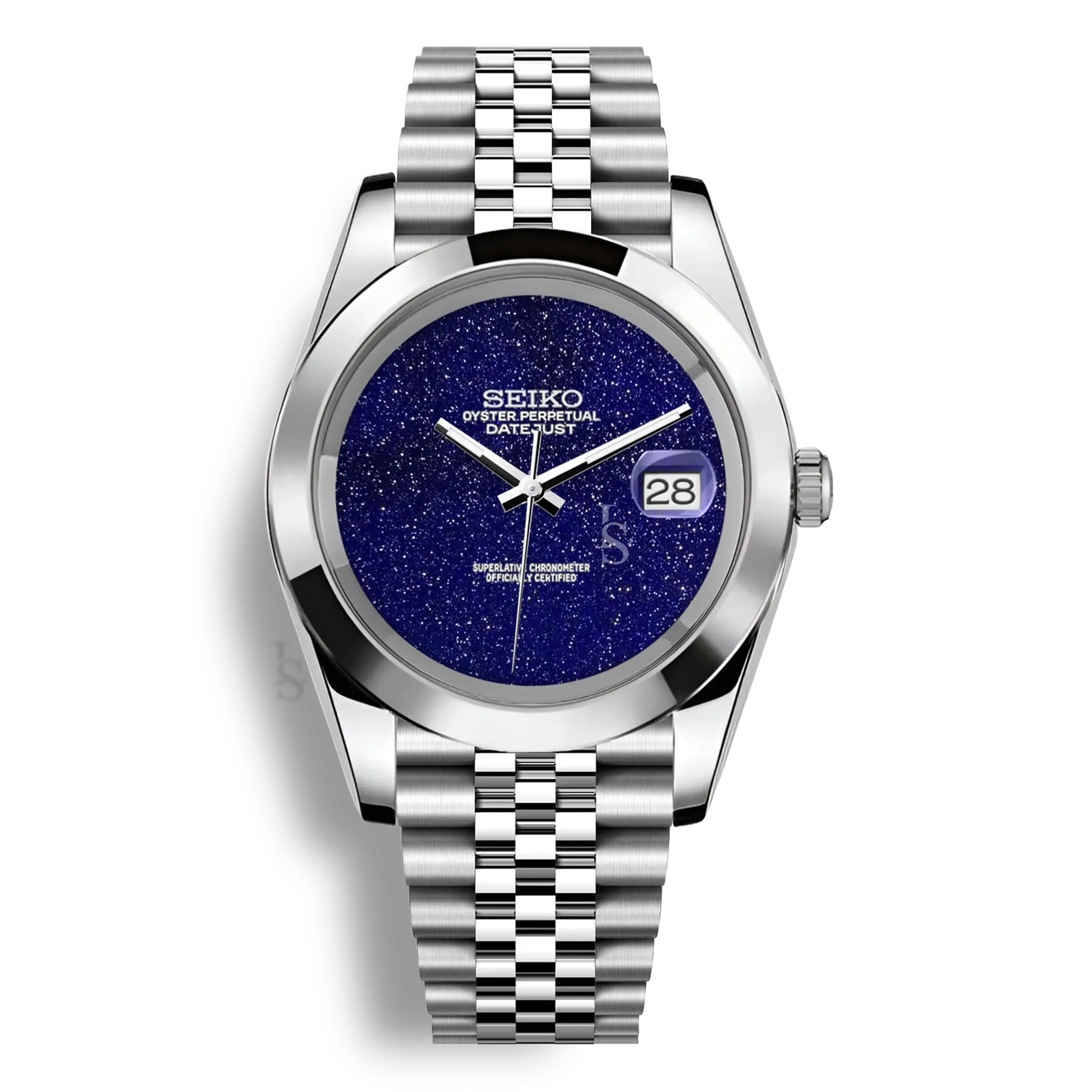 Montre Seiko Mod Datejust Galaxy lisse avec cadran bleu Galaxie, mouvement automatique Seiko NH35 et boîtier en acier inoxydable 316L