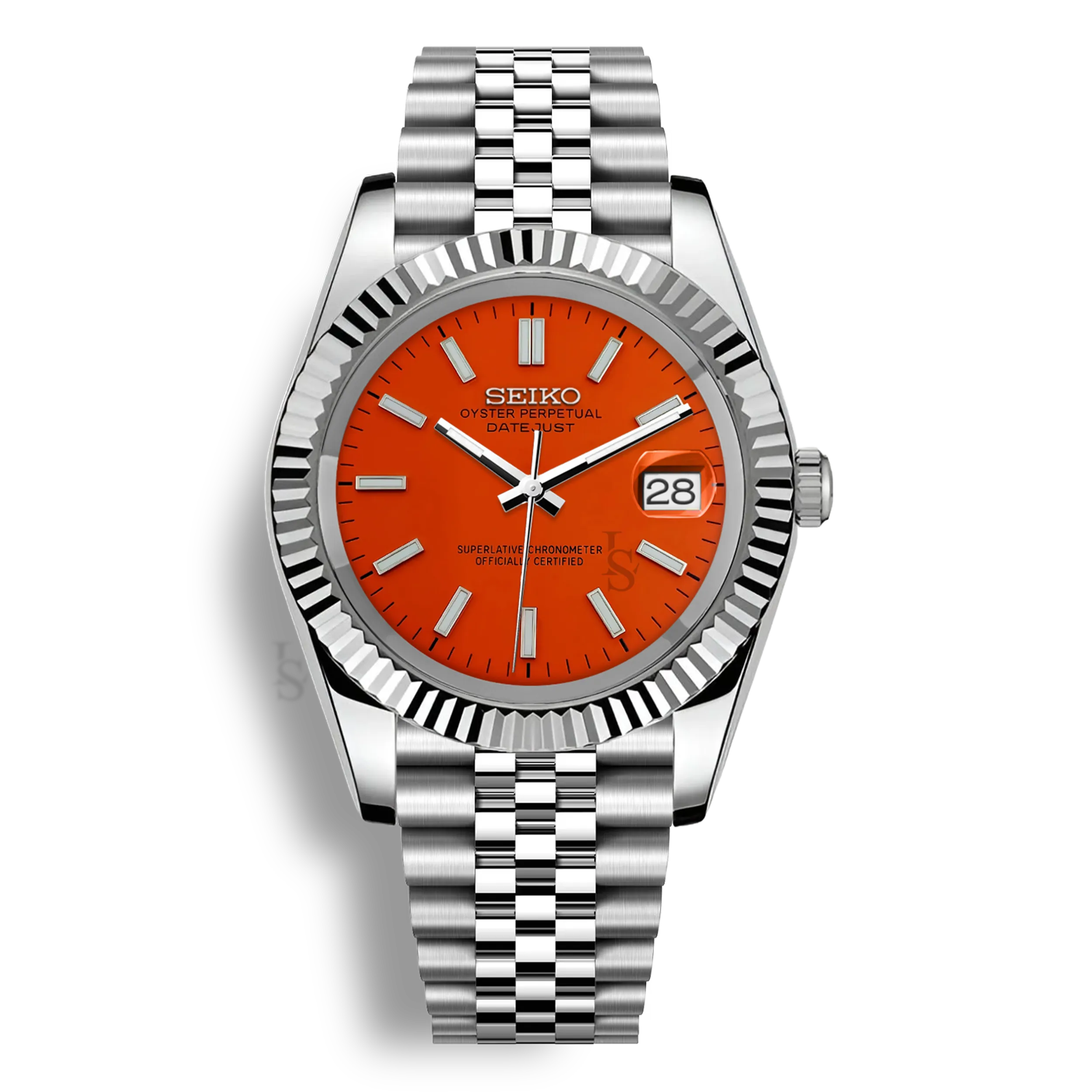Montre Seiko Mod Datejust orange en acier inoxydable 316L avec mouvement automatique Seiko NH35, verre saphir et cadran luminescent