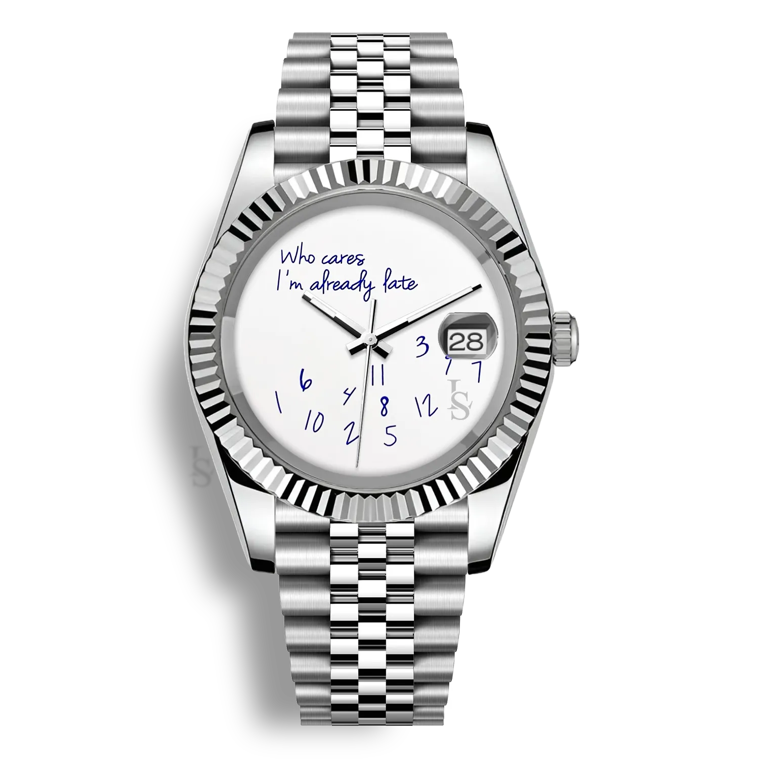 Montre Seiko Mod Datejust Who Cares I’m Already Late avec cadran aux inscriptions bleues et boîtier en acier inoxydable