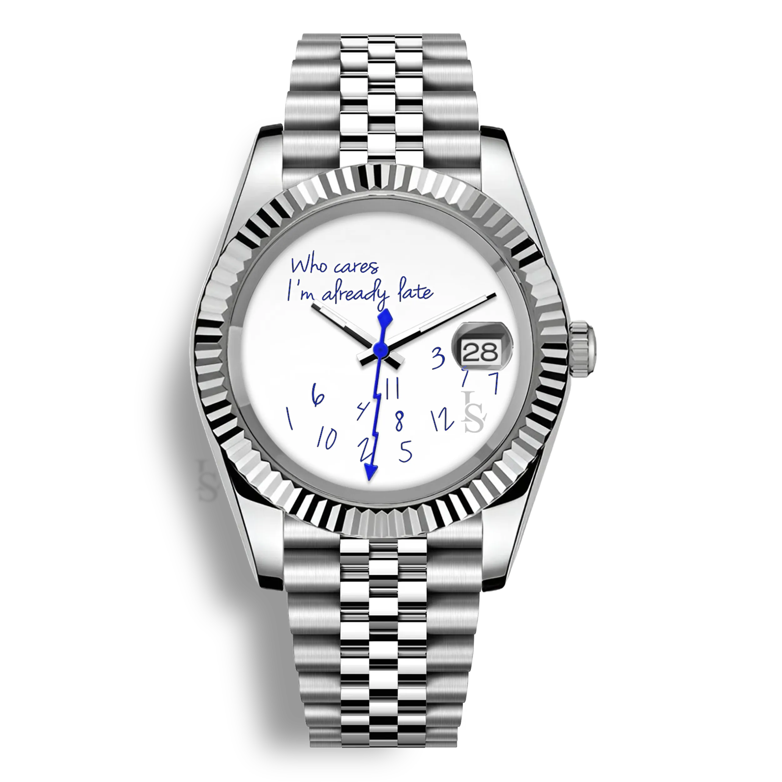 Montre Seiko Mod Datejust Who Cares I’m Already Late avec cadran aux inscriptions bleues et trotteuse éclair bleue, inspiration rolex