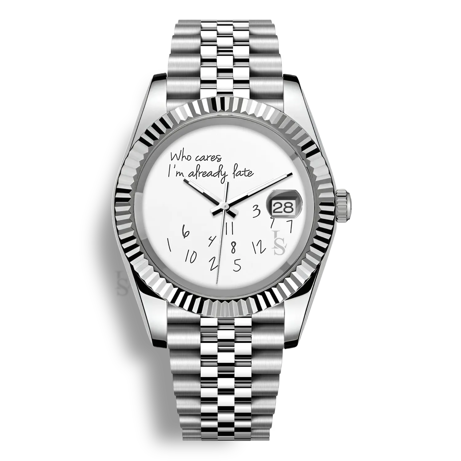 Montre Seiko Mod Datejust Who Cares I’m Already Late avec cadran aux inscriptions noires et boîtier en acier inoxydable