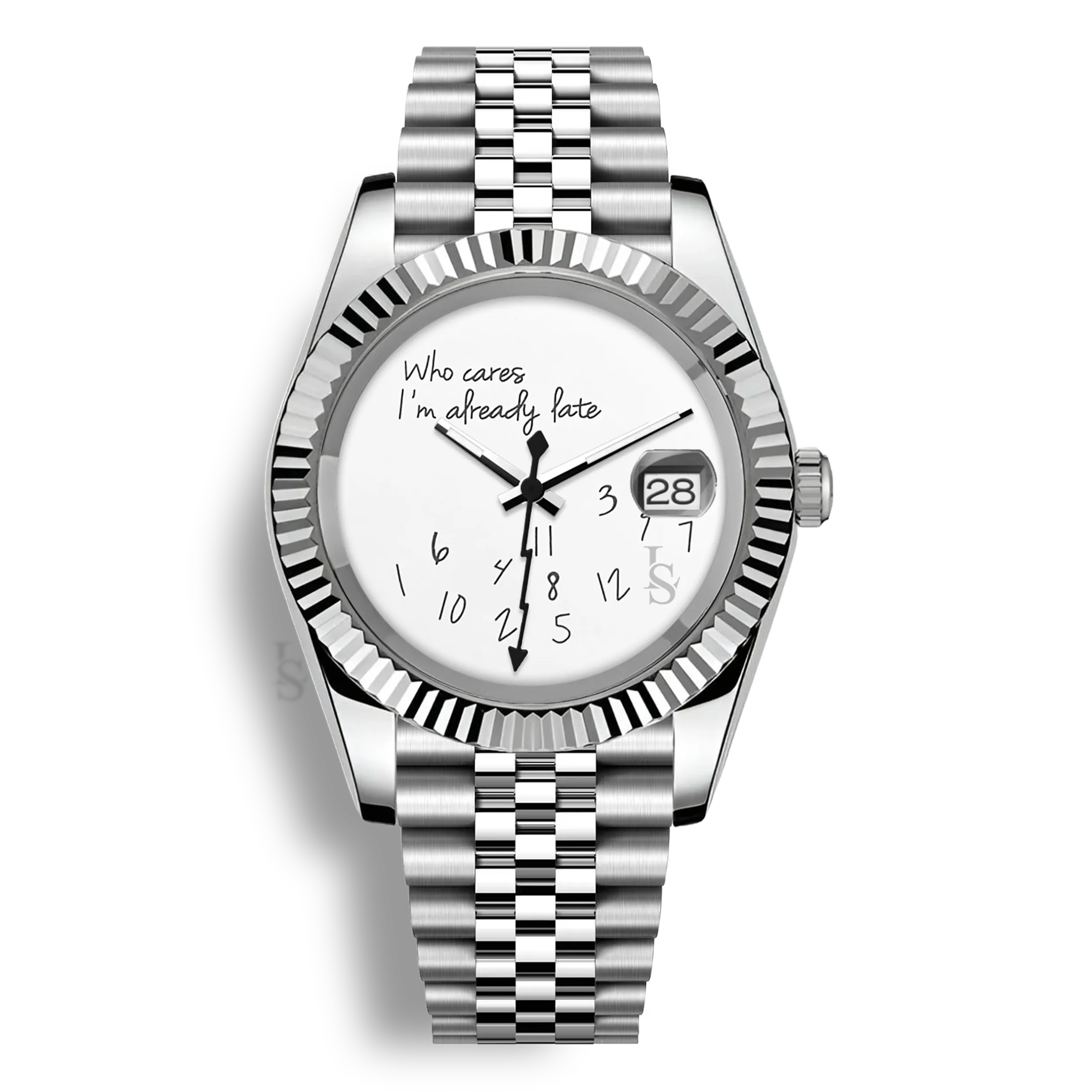 Montre Seiko Mod Datejust Who Cares I’m Already Late avec cadran aux inscriptions noires et trotteuse éclair noir, mouvement automatique Seiko NH35