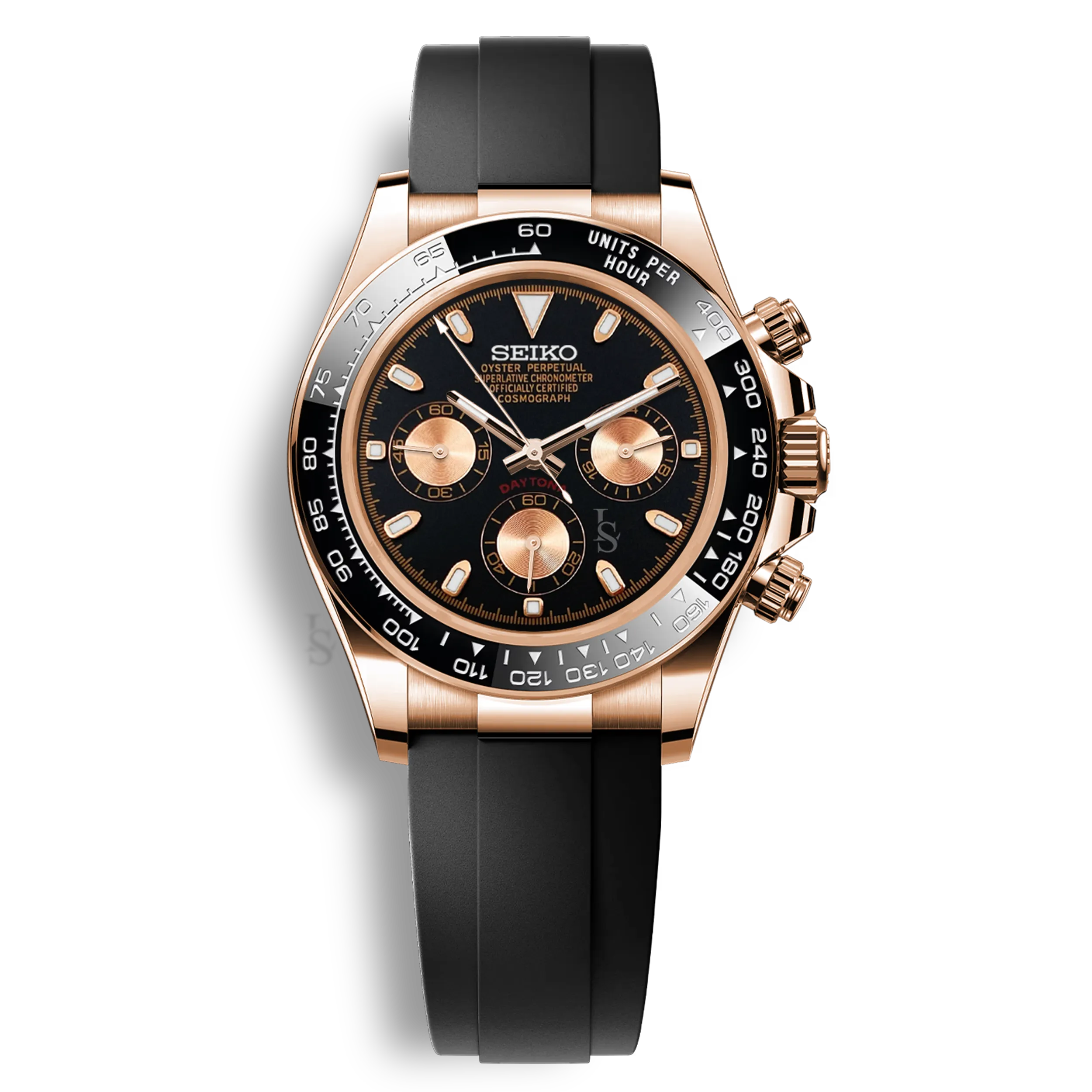 Seiko Mod Daytona or rose cadran noir & or rose chronographe lunette tachymétrique bracelet noir