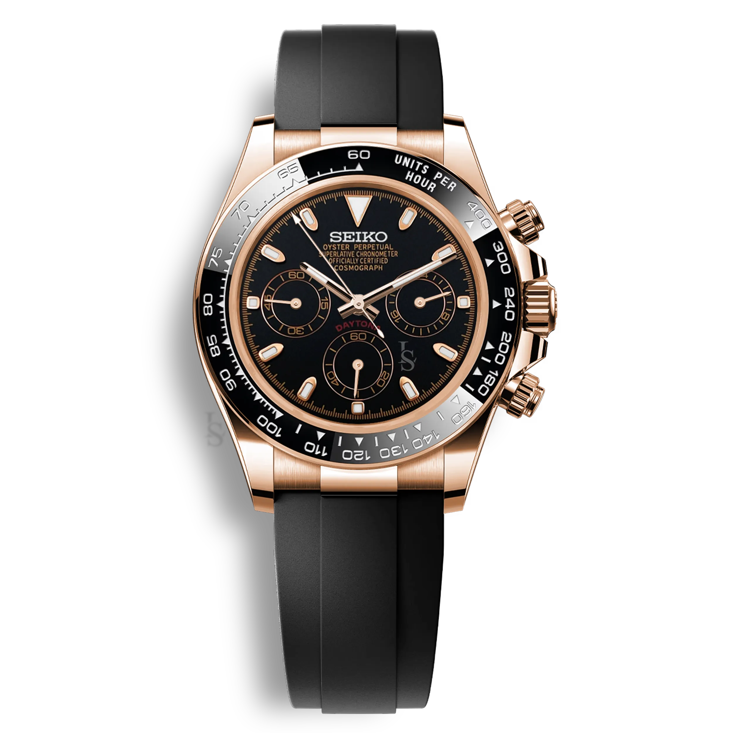 Seiko Mod Daytona or rose cadran noir complet chronographe Seiko VK63 bracelet noir