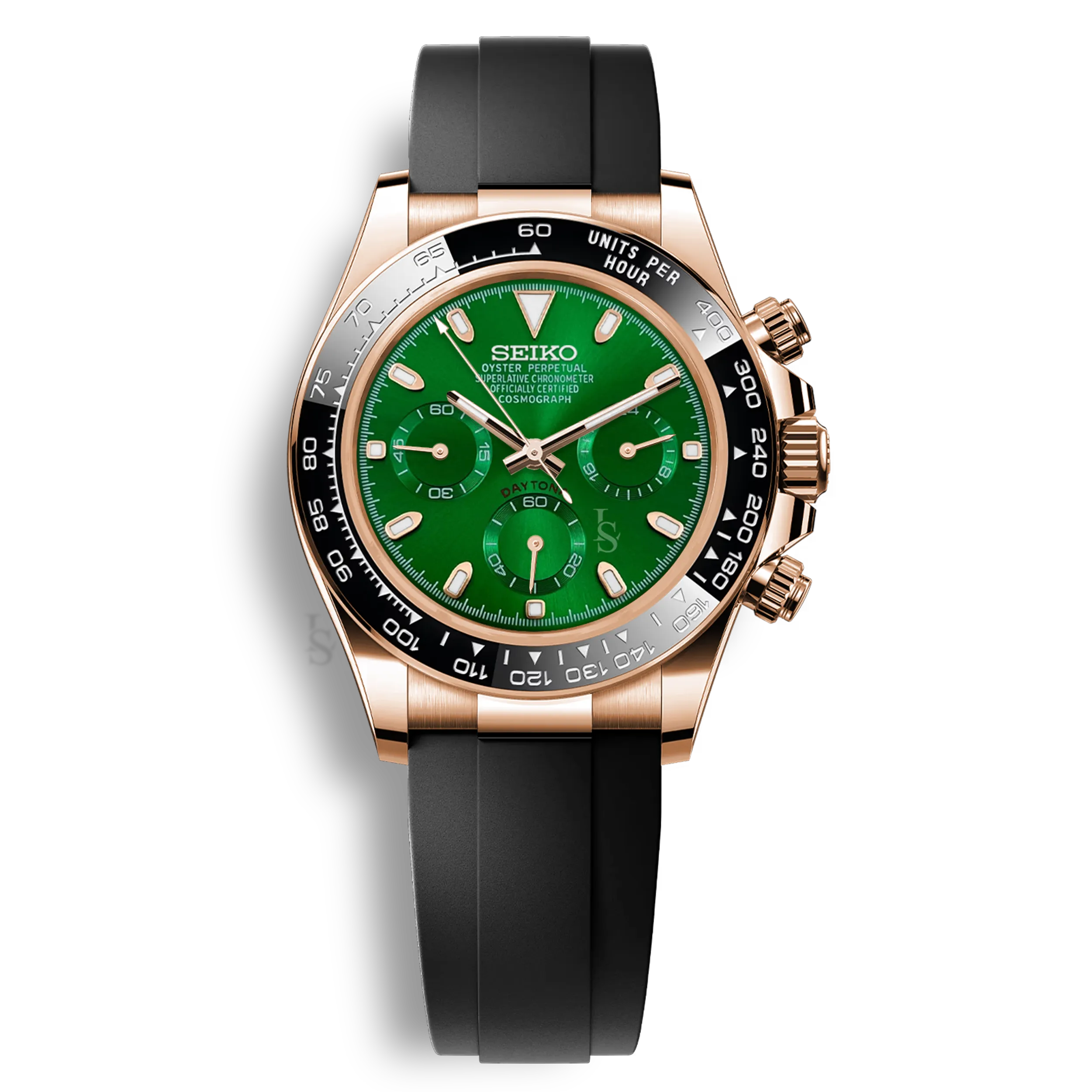 Seiko Mod Daytona or rose cadran vert chronographe mouvement Seiko VK63 bracelet noir