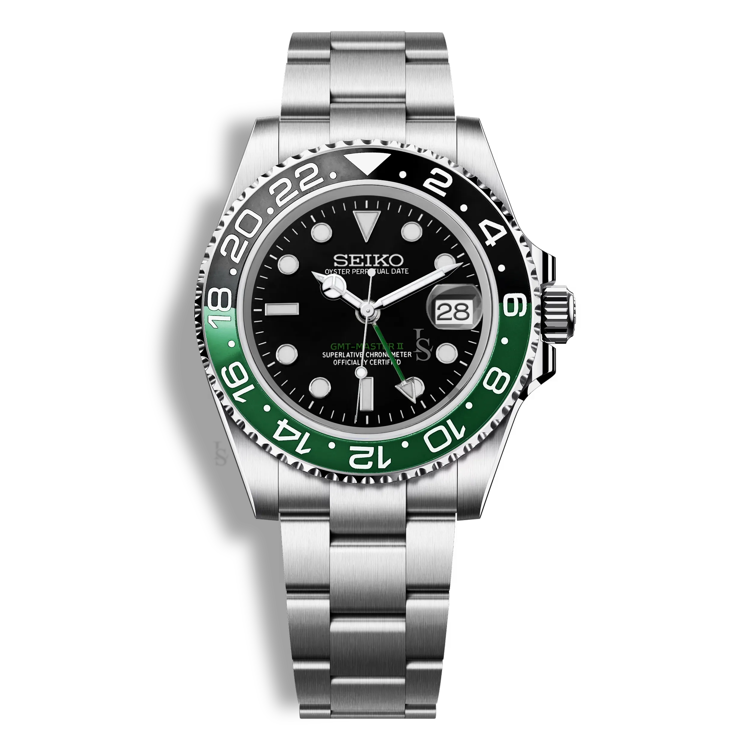 Montre Seiko Mod GMT Master II Hulk automatique NH34, lunette verte et noire en céramique et cadran assorti