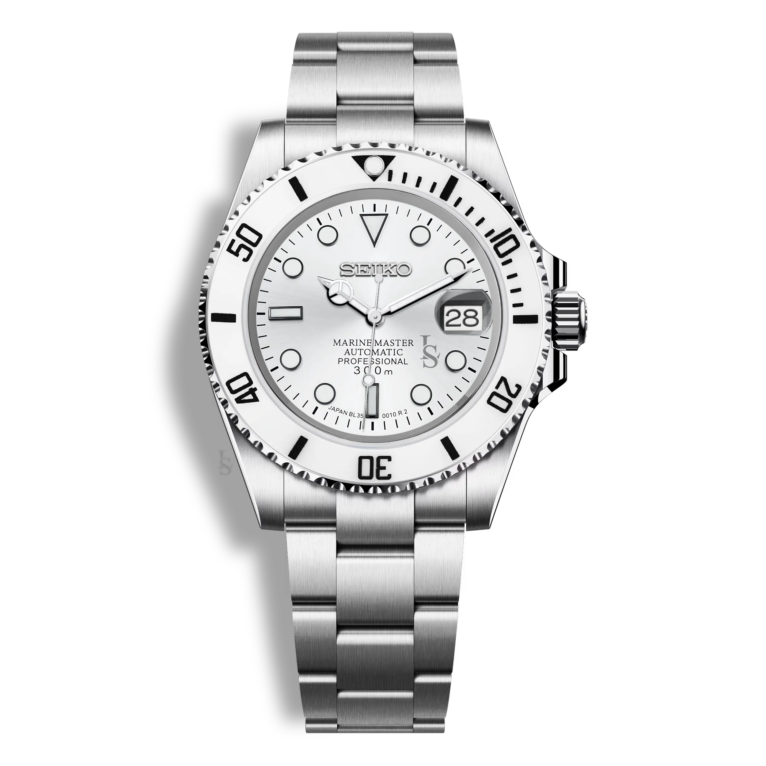 Montre Seiko Mod Marine Master blanche, boîtie en acier inoxydable 316L, verre saphir et mouvement automatique Seiko NH35
