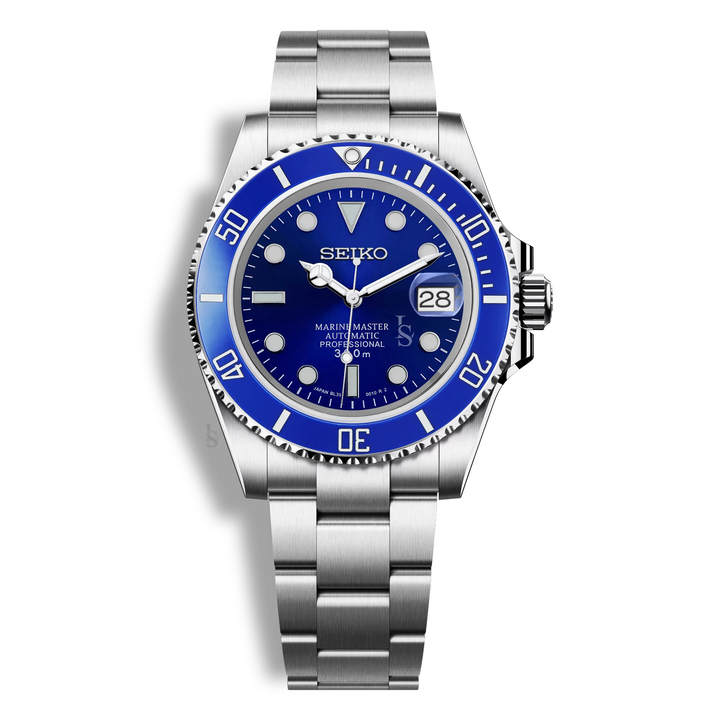 Montre Seiko Mod Marine Master bleue, boîtier 44mm en acier inoxydable 316L, verre saphir inrayable et mouvement automatique Seiko NH35