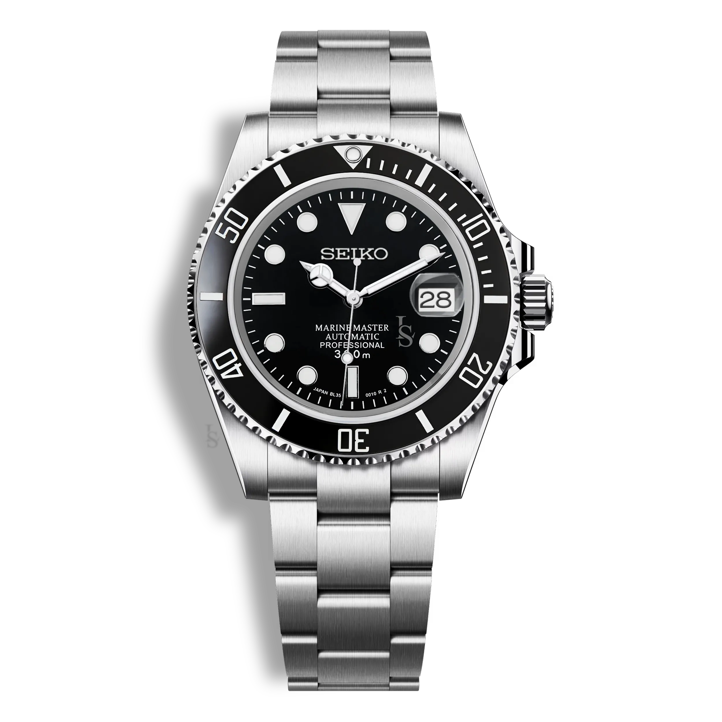 Montre Seiko Mod Marine Master noire, cadran luminescent, fond de boîtier transparent et mouvement automatique Seiko NH35