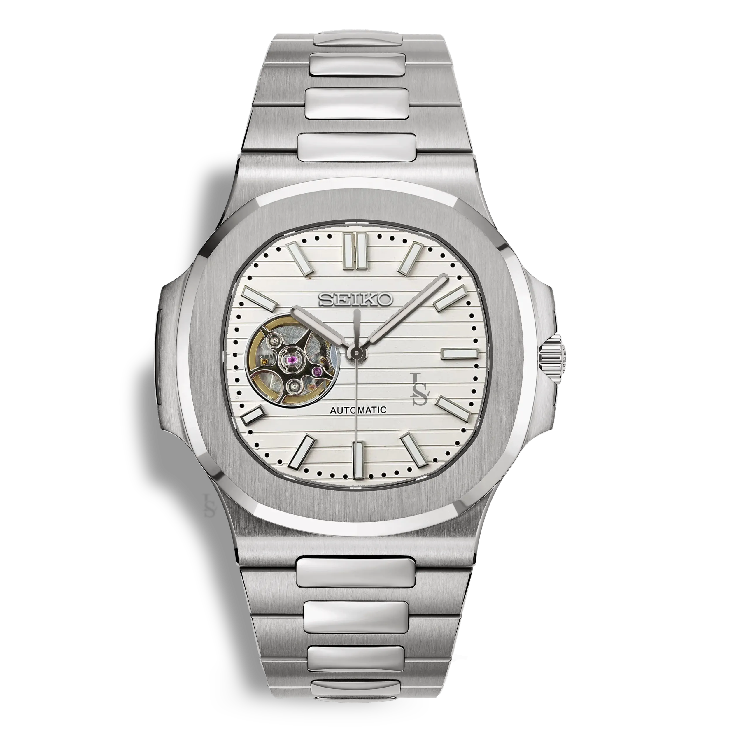 Montre SeikoMod Nautilus Skeleton cadran blanc, mouvement automatique Seiko NH38, bracelet acier inoxydable