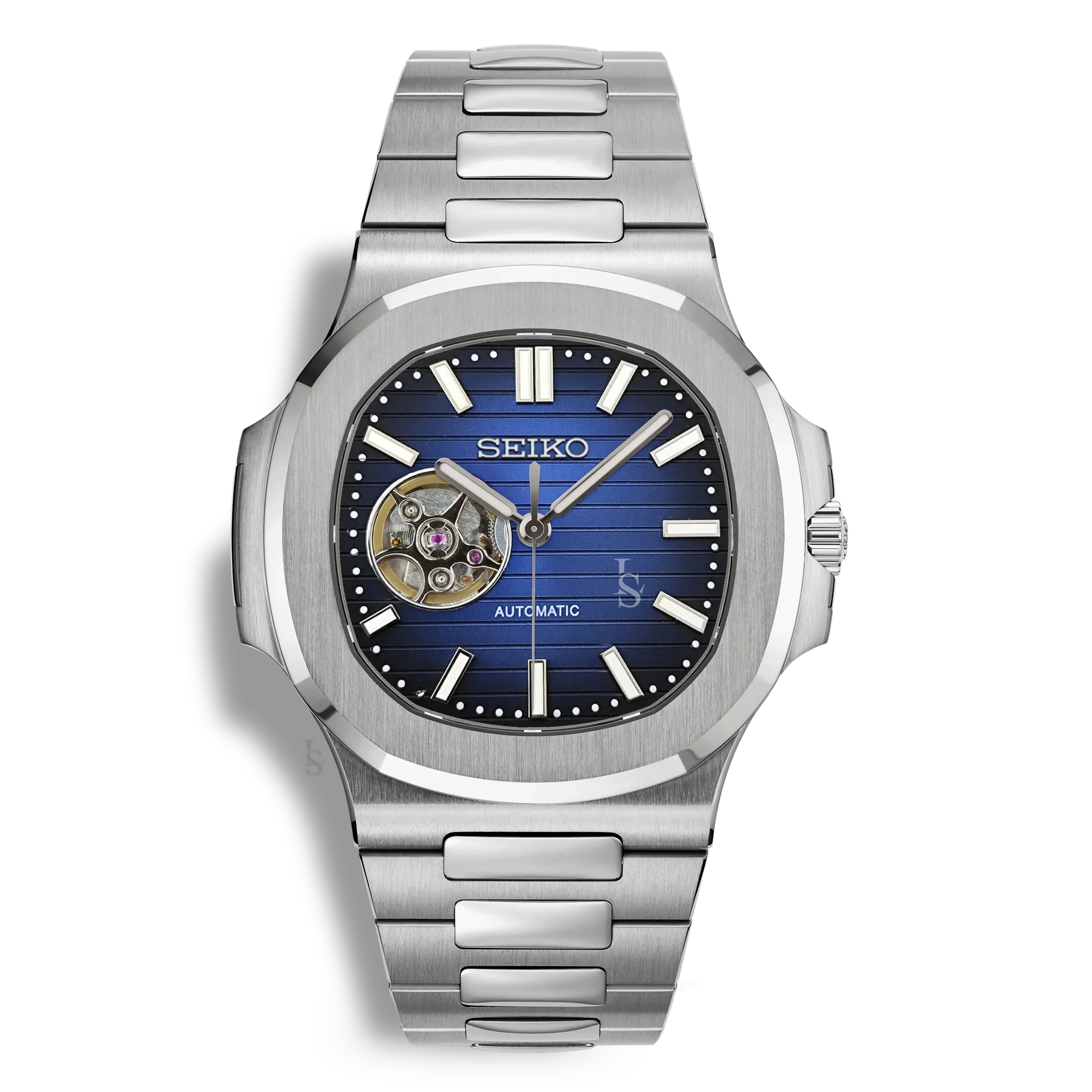 Montre SeikoMod Nautilus Skeleton cadran bleu marine, mouvement NH38, bracelet acier poli-brossé intégré