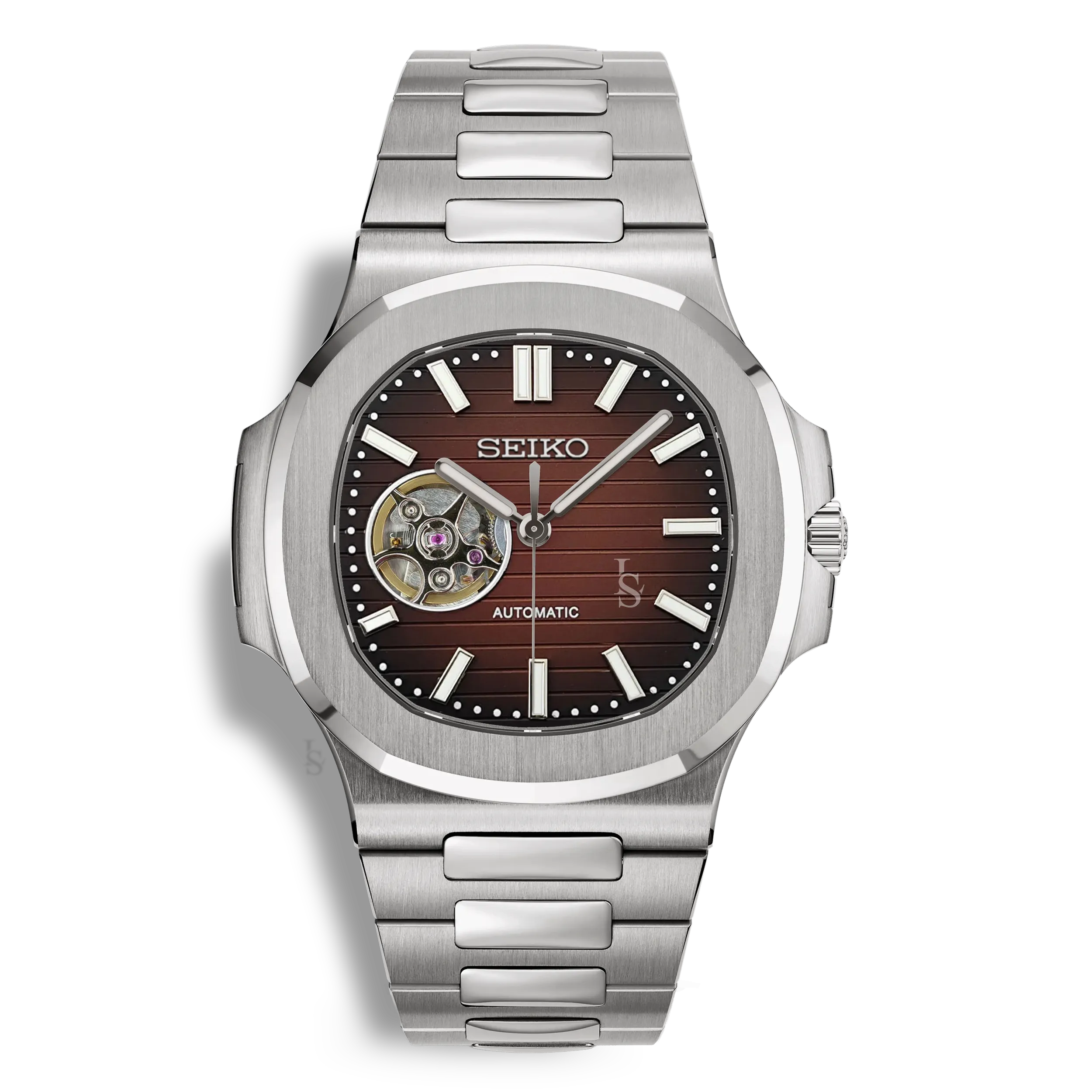 Montre SeikoMod Nautilus Skeleton cadran marron, squelette avec mouvement automatique Seiko NH38, bracelet acier poli-brossé