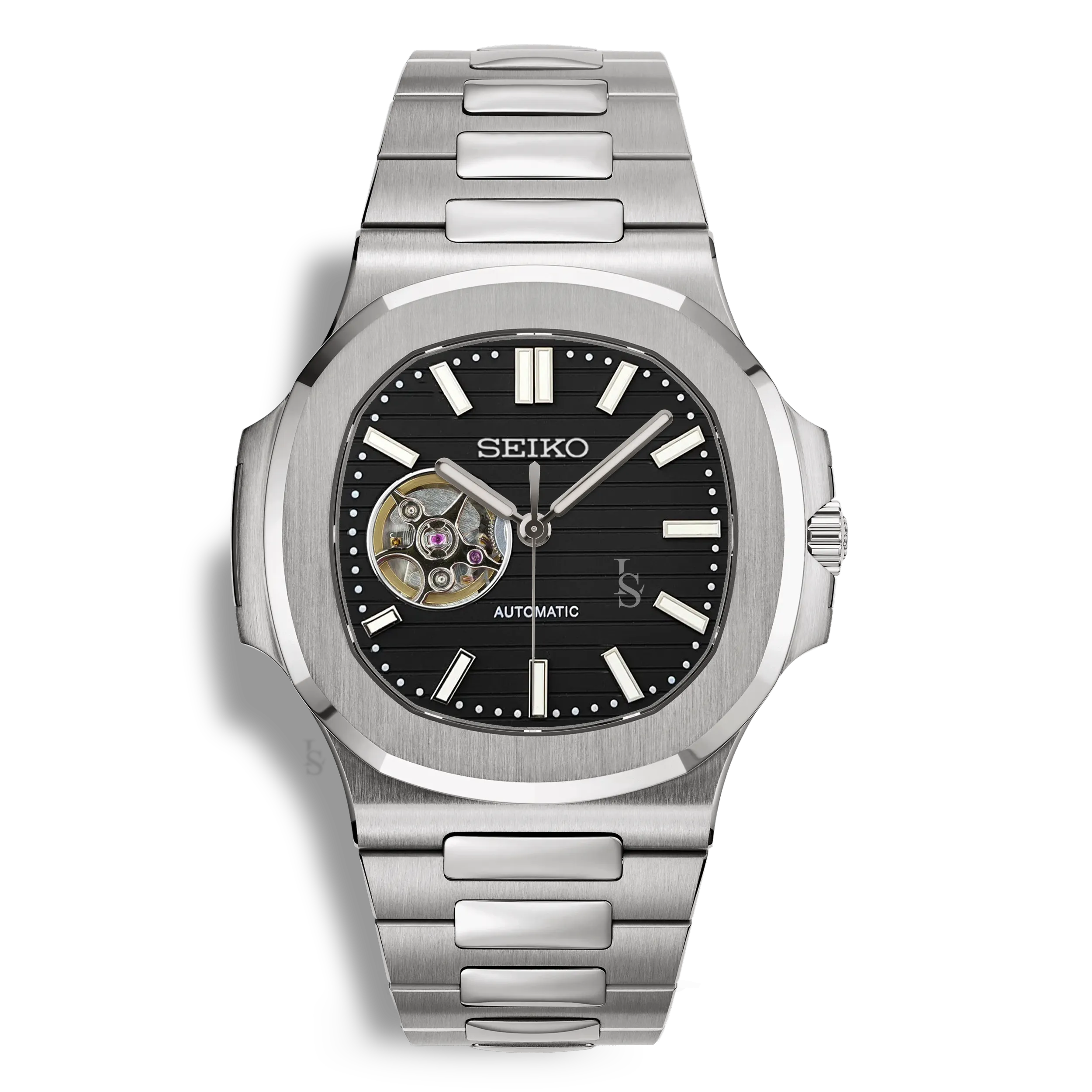 Montre SeikoMod Nautilus Skeleton cadran noir, mouvement NH38 apparent, bracelet acier intégré