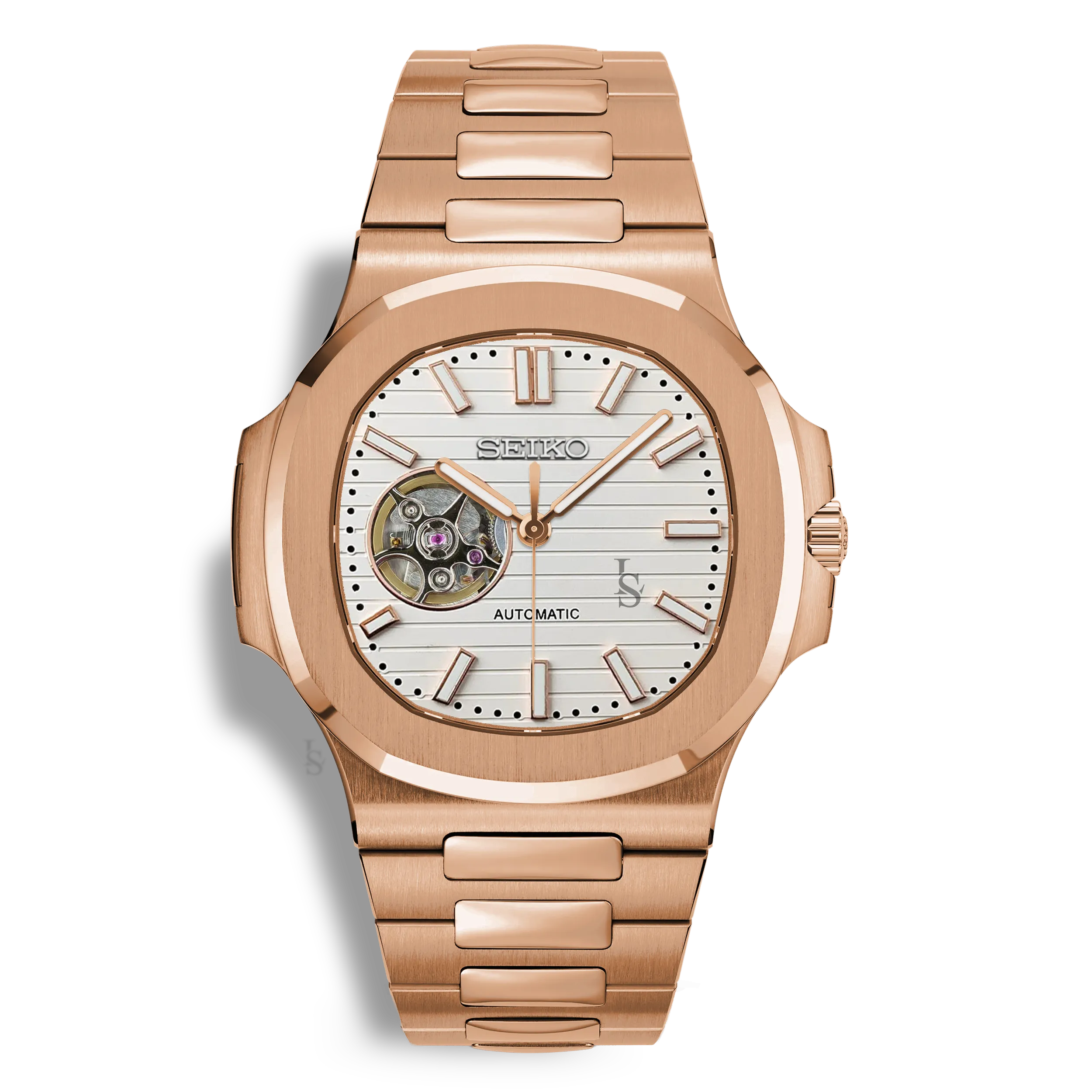 Montre Seiko Mod Nautilus Skeleton Or Rose mouvement automatique NH38 avec cadran blanc cœur ouvert squelette et bracelet intégré en or rose