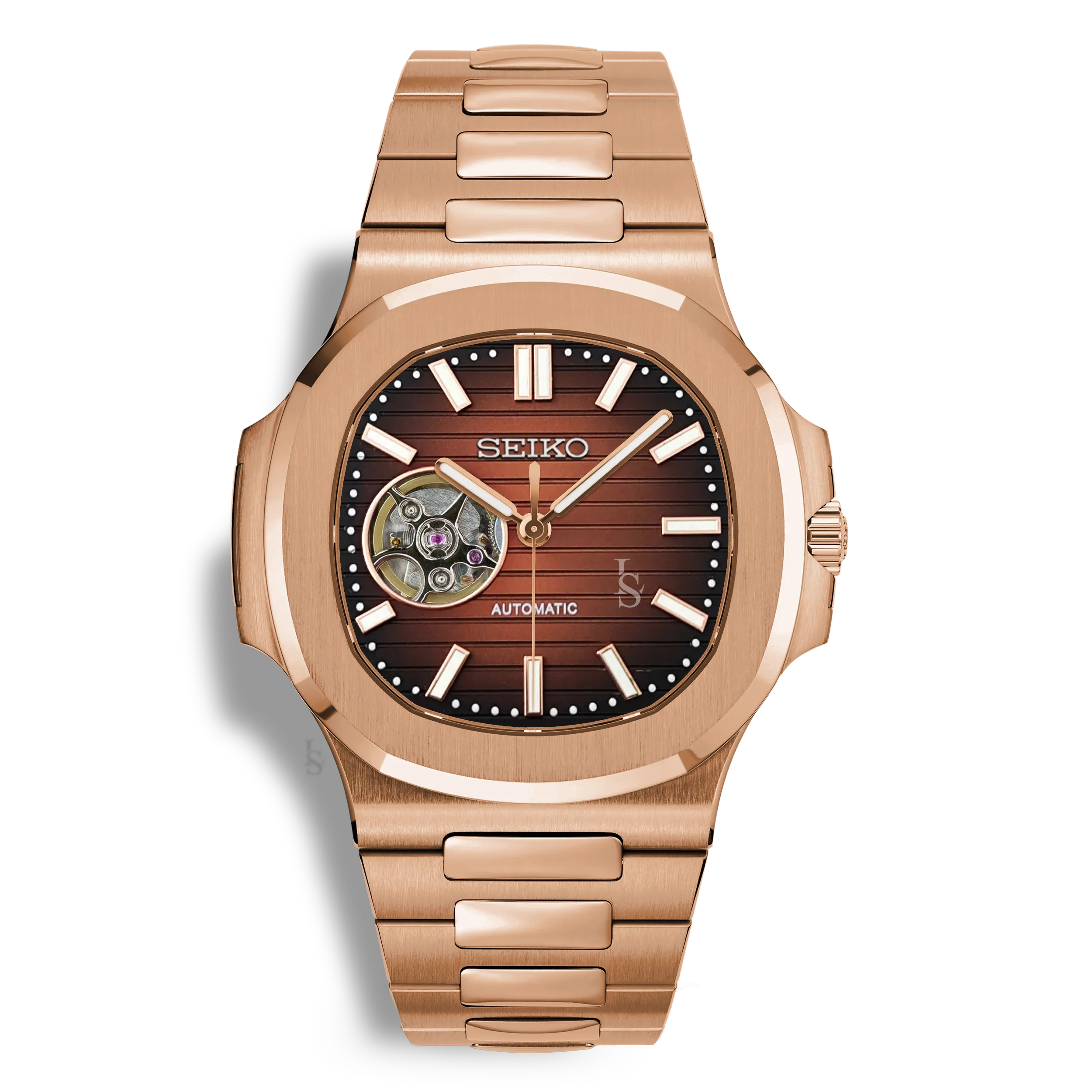 Montre Seiko Mod Nautilus Skeleton Chocolate Or Rose mouvement automatique Seiko NH38 avec cadran marron cœur ouvert squelette et bracelet intégré en rosegold
