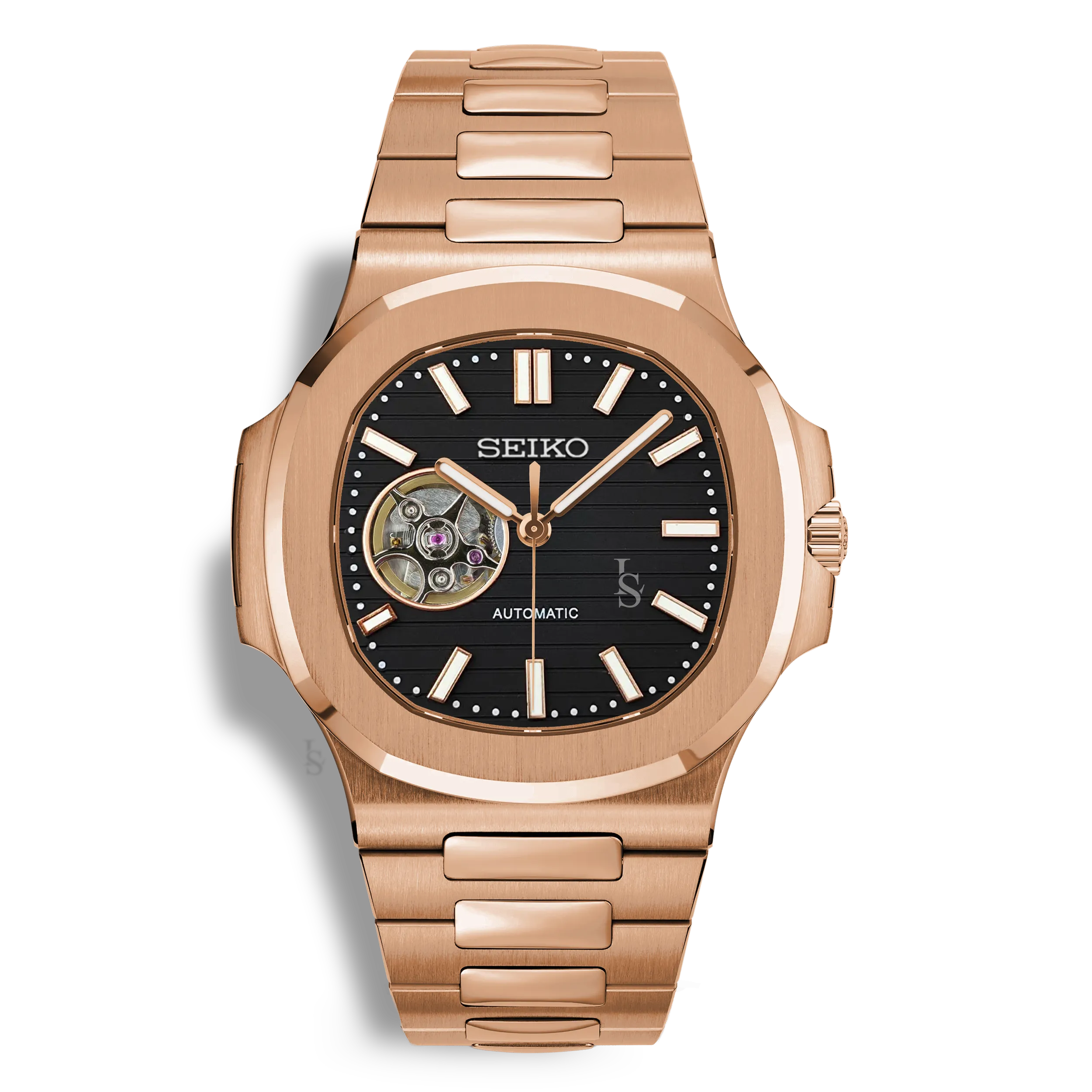 Montre Seiko Mod Nautilus Skeleton Or Rose mouvement automatique NH38 avec cadran noir cœur ouvert squelette et bracelet intégré en or rose