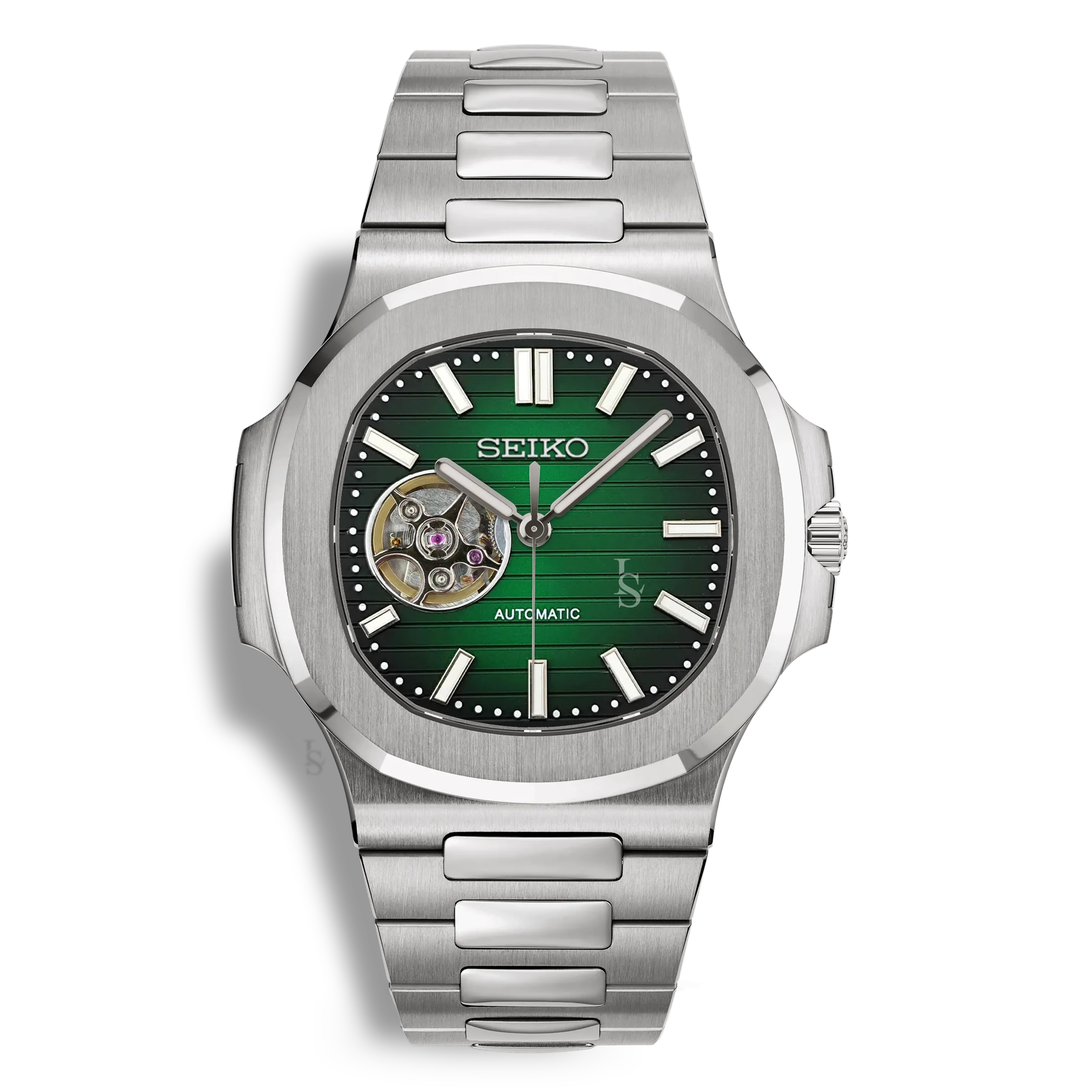 Montre SeikoMod Nautilus Skeleton cadran vert, mouvement automatique NH38, boîtier et bracelet acier inoxydable 316L