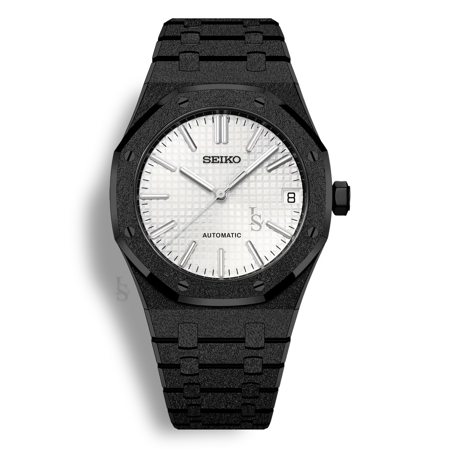 Montre SeikoMod Royal Oak Frosted Metal Noir cadran blanc avec boîtier acier inoxydable 41mm et lunette octogonale