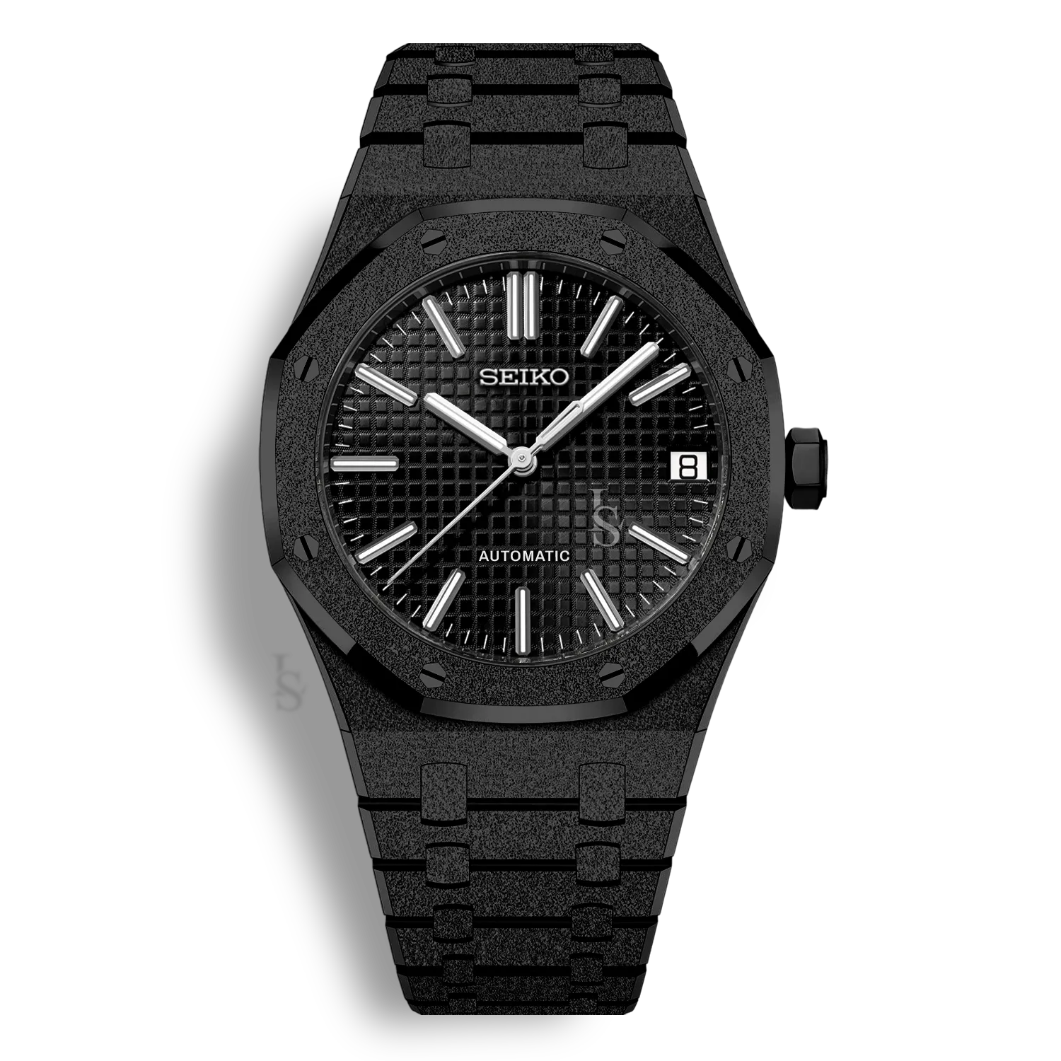 Montre SeikoMod Royal Oak Frosted Metal Noir cadran noir avec finition métal givré et mouvement automatique Seiko