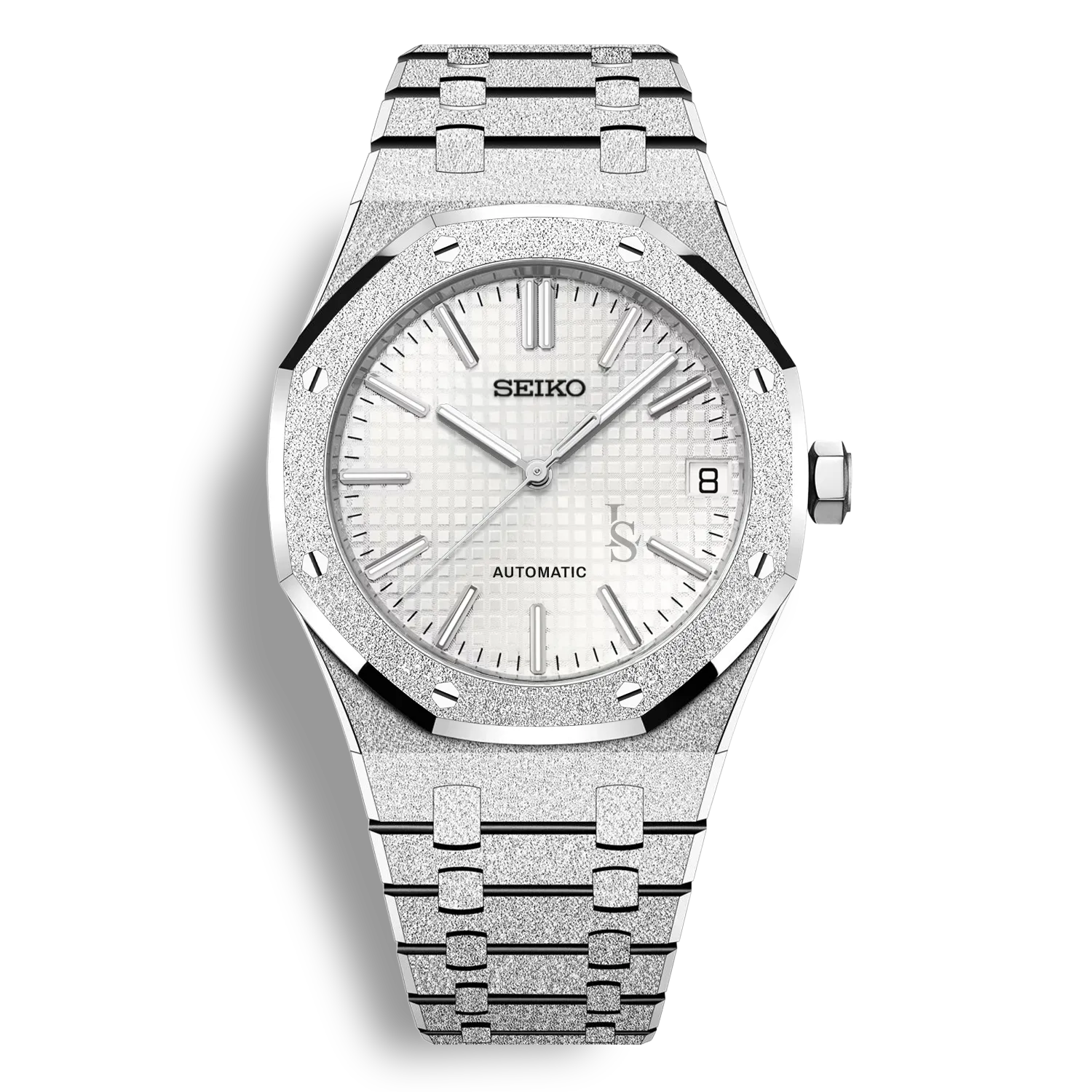 Montre SeikoMod Royal Oak Frosted Metal cadran blanc avec finition métal givré et mouvement automatique Seiko