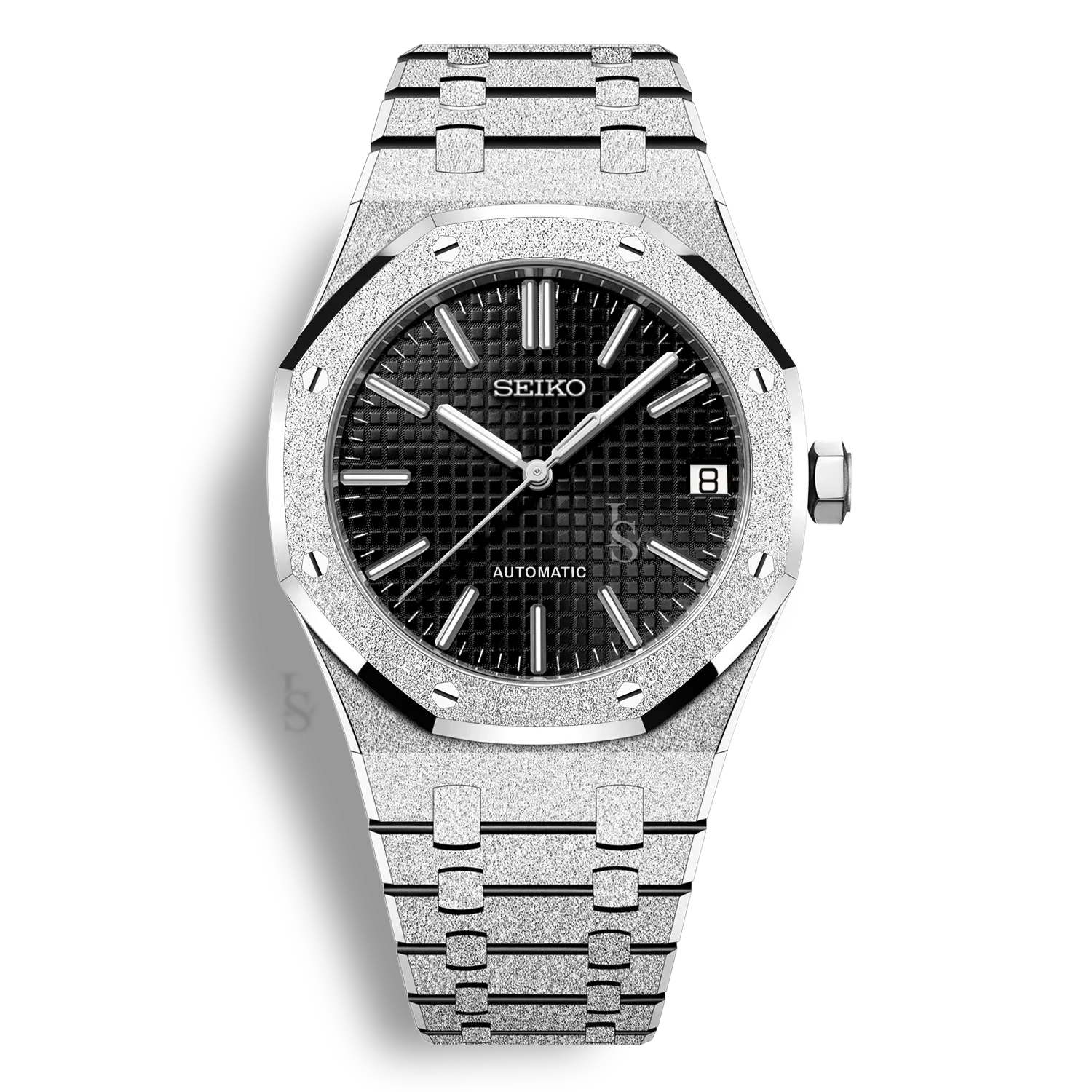 Montre SeikoMod Royal Oak Frosted Metal cadran noir avec boîtier acier 41mm et lunette octogonale