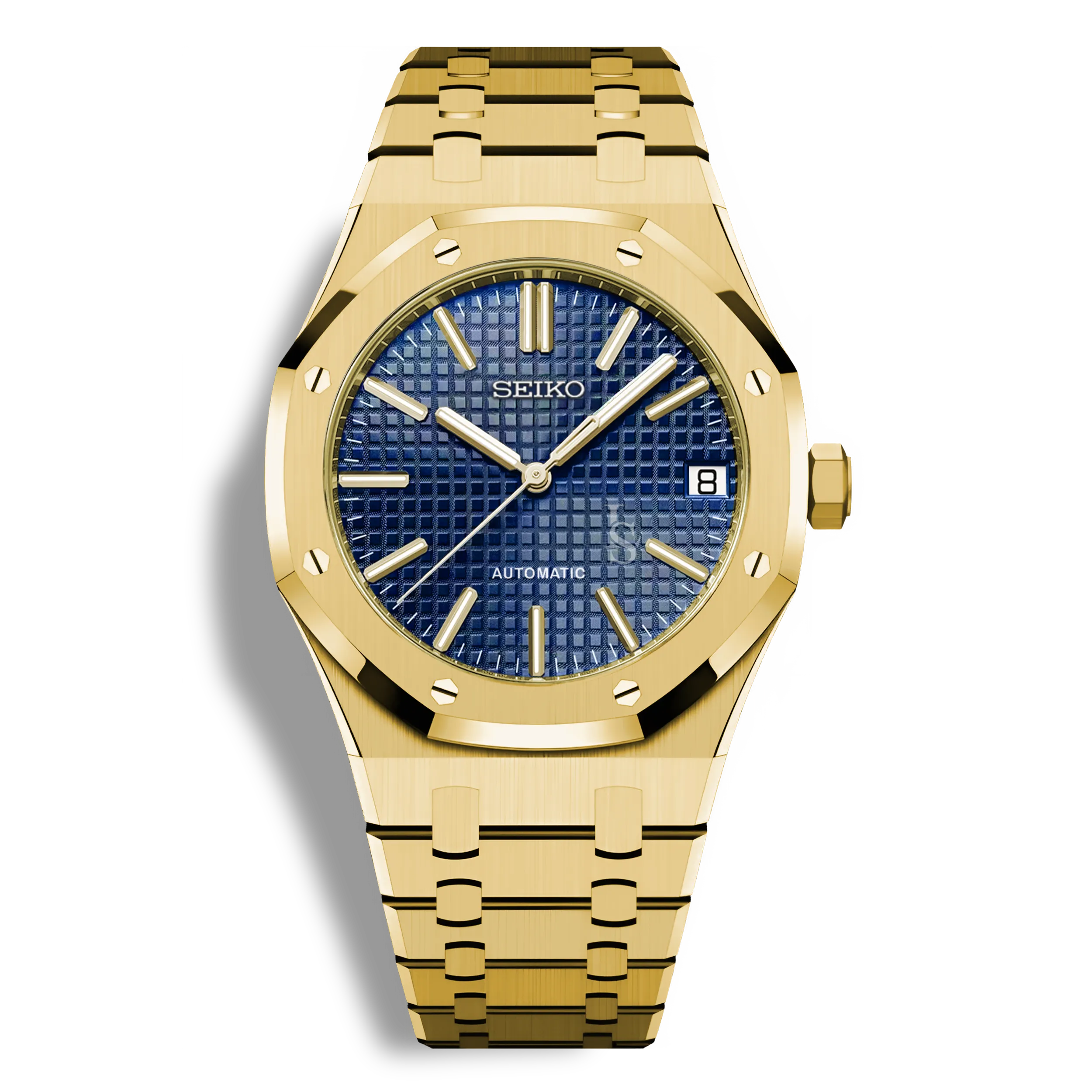 Montre Seiko Mod Royal Oak Or Jaune avec cadran bleu royal, montre automatique au mouvement Seiko NH35, boîtier acier or rose 41mm, bracelet intégré