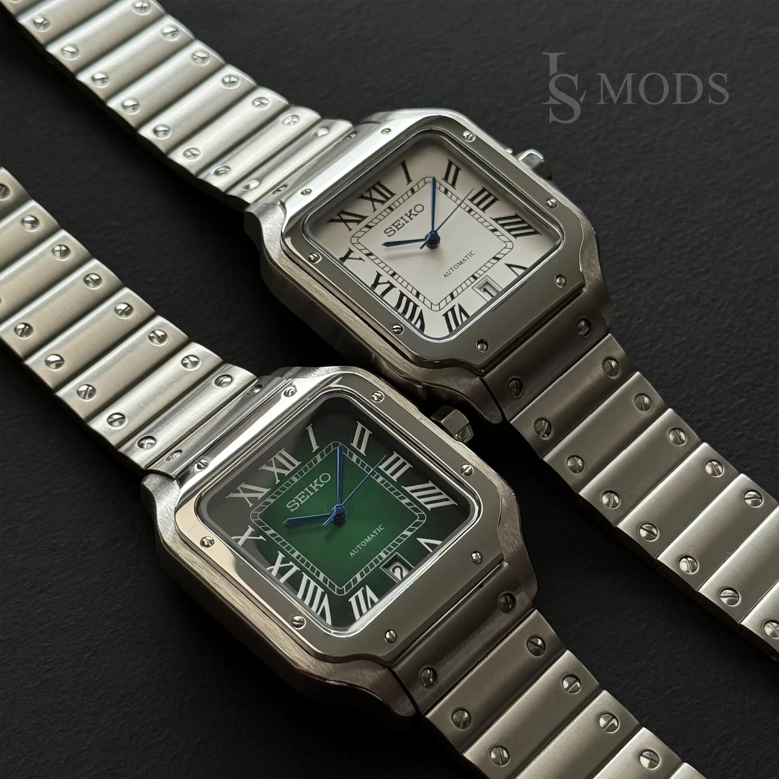 Montres automatiques Seiko Mod Santos cadran vert et cadran blanc sur bracelet acier