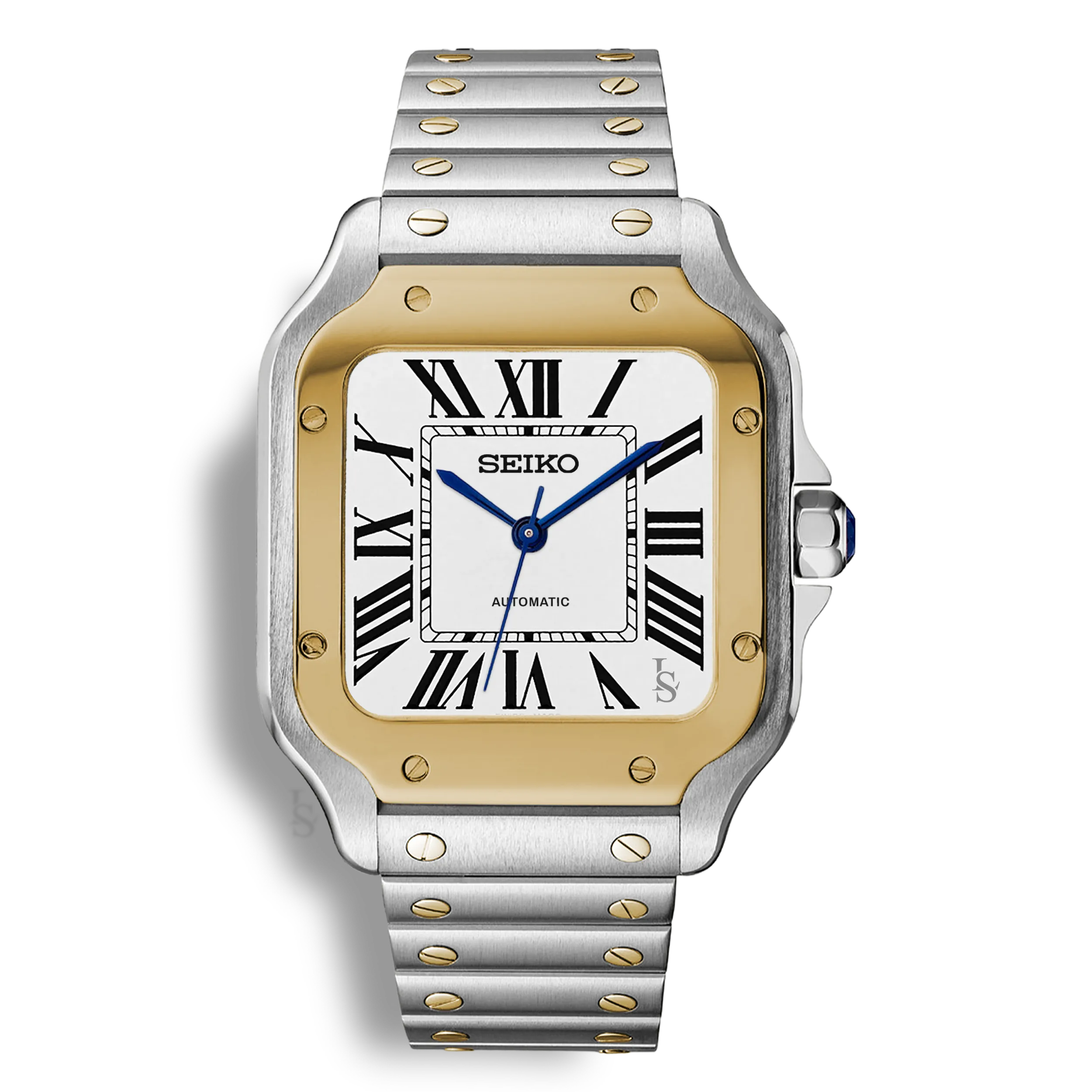 Montre Seiko Mod Santos acier et or avec cadran blanc en acier inoxydable 316L et mouvement automatique Seiko NH35, verre saphir